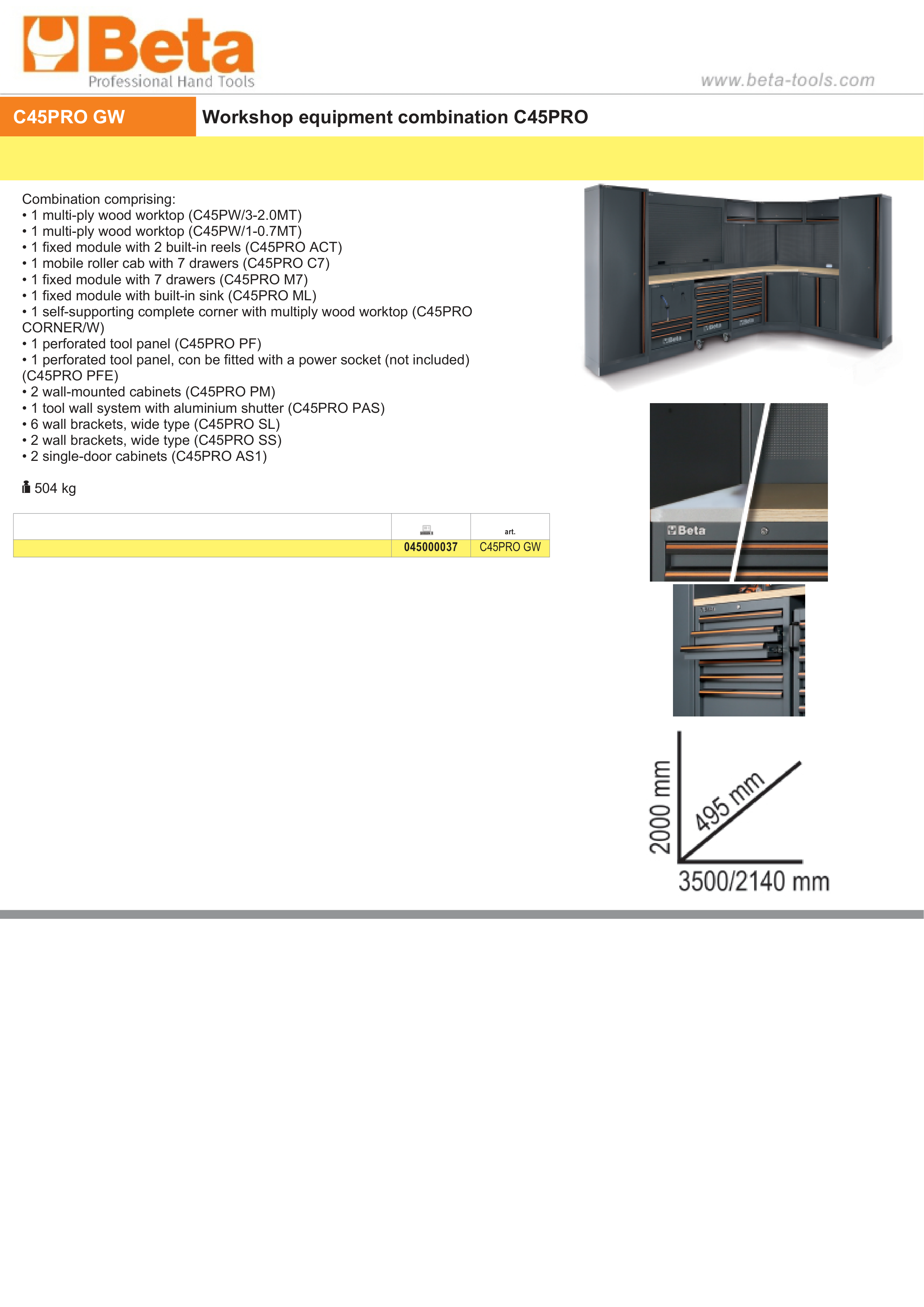 Workshop Equipment Combination with Wood Worktops, Drawers, Tool Panels, and Cabinets - BetaC45PRO C45PRO GW thumbnail 5