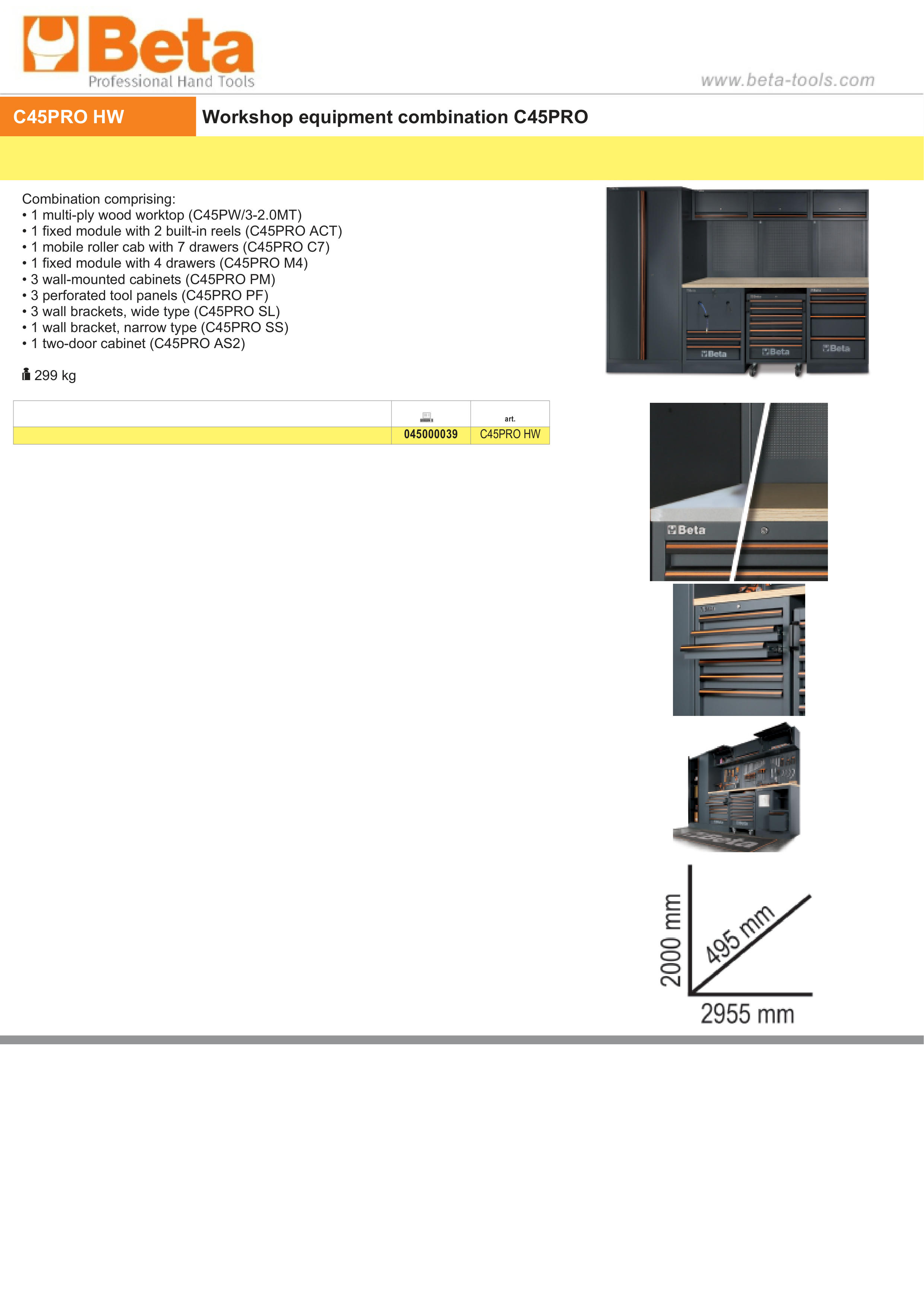 Workshop Equipment Combination with Wood Worktop, Drawers, Tool Panels, and Cabinets - BetaC45PRO C45PRO HW thumbnail 3