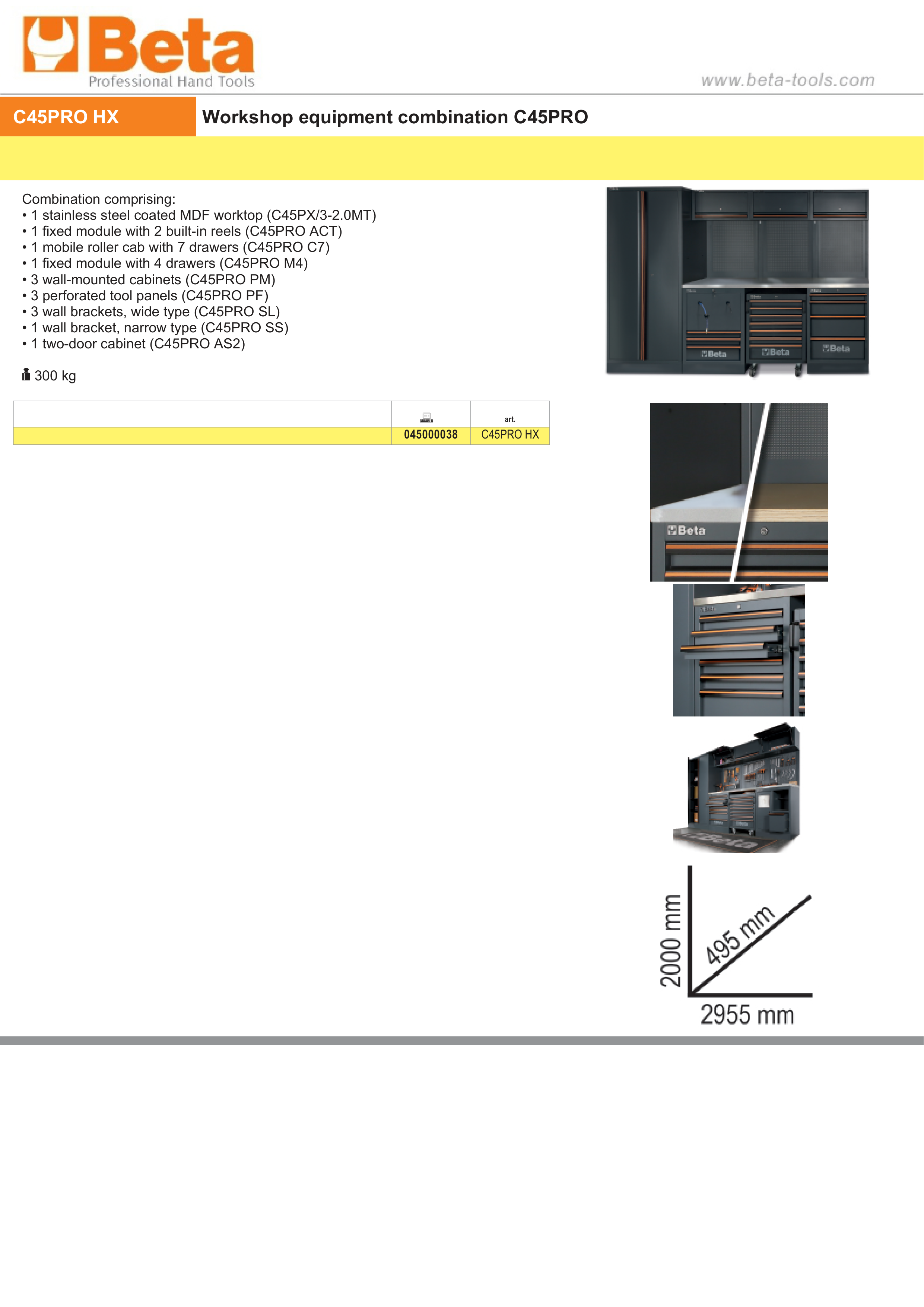 Workshop Equipment Combination with Stainless Steel Worktop, Drawers, Tool Panels, and Cabinets - BetaC45PRO C45PRO HX thumbnail 4