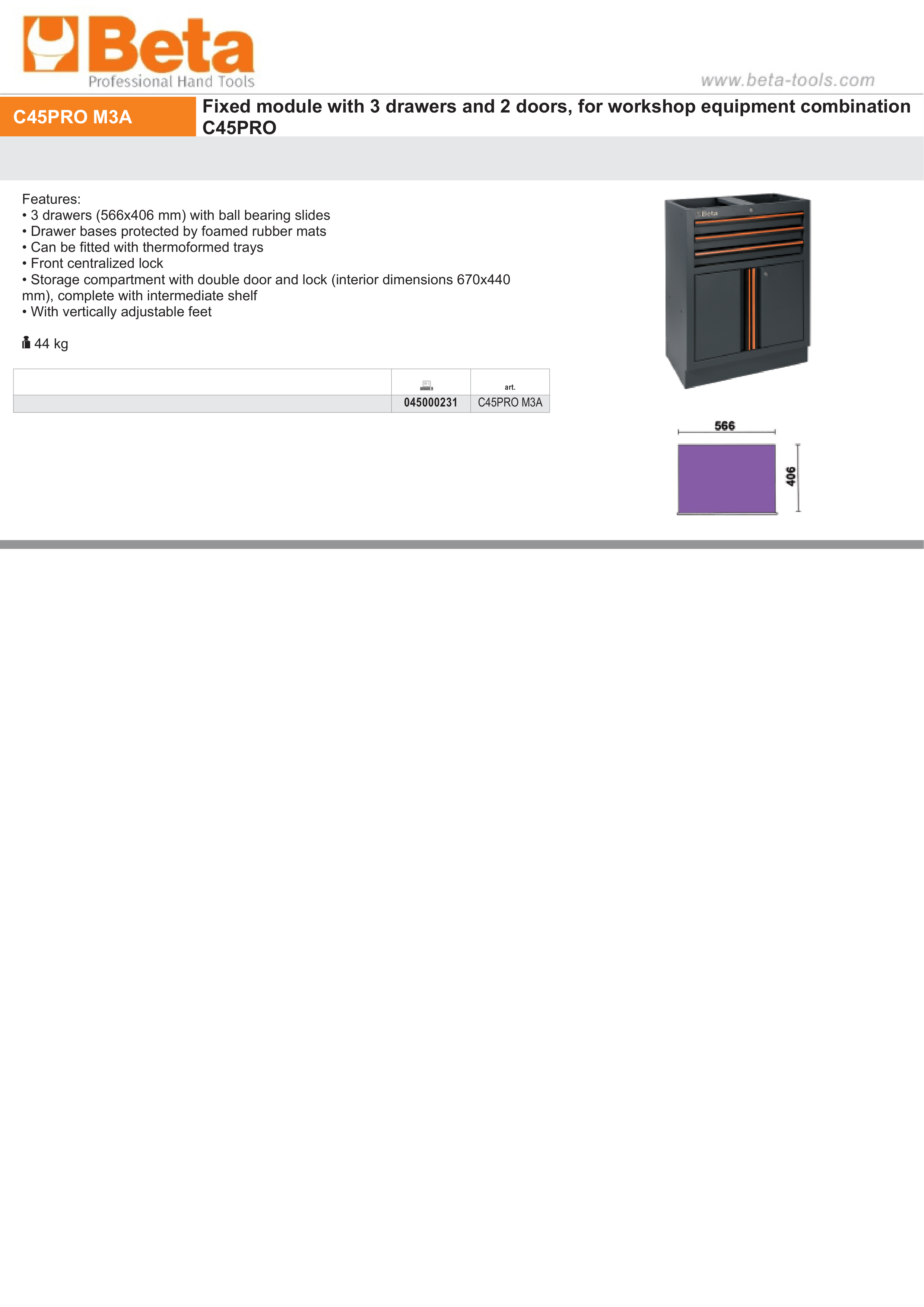 Fixed Module with 3 Drawers and 2 Doors for Workshop - BetaC45PRO C45PRO M3A thumbnail 3