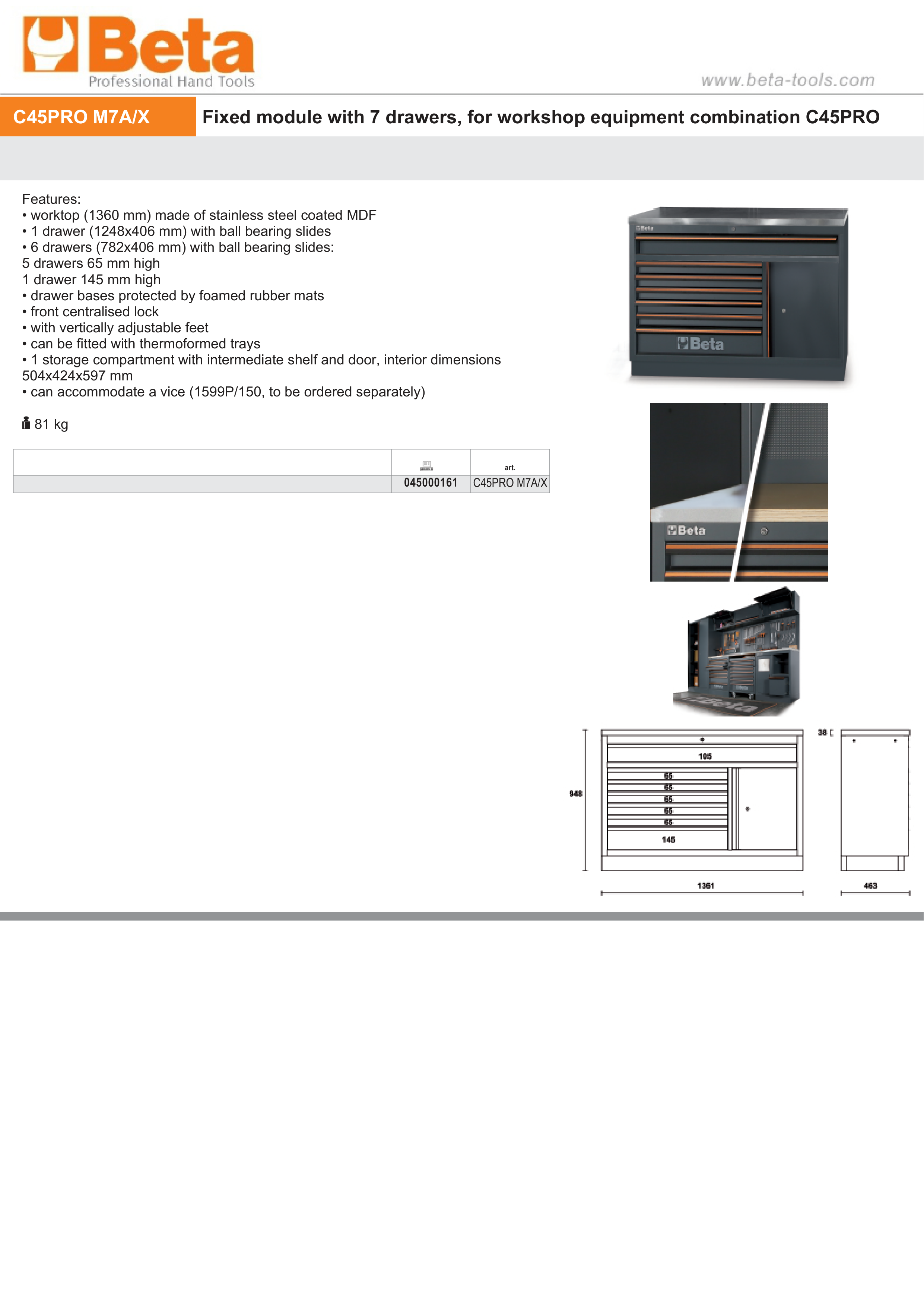 Fixed Module with 7 Drawers and Storage Compartment for Workbench - BetaC45PRO C45PRO M7A/X thumbnail 4