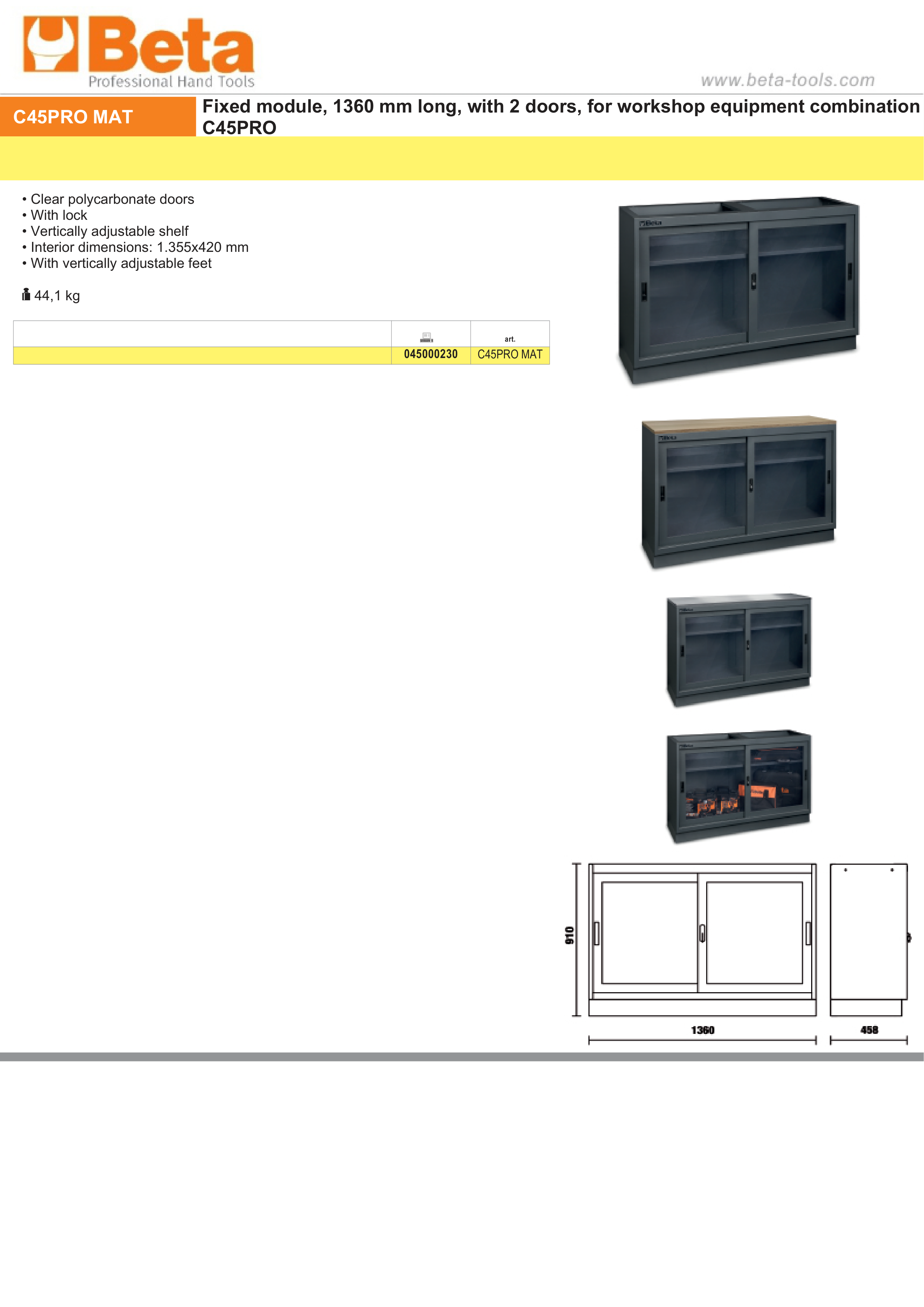 Fixed Module with Clear Polycarbonate Doors and Adjustable Shelf for Workshop - BetaC45PRO C45PRO MAT thumbnail 2