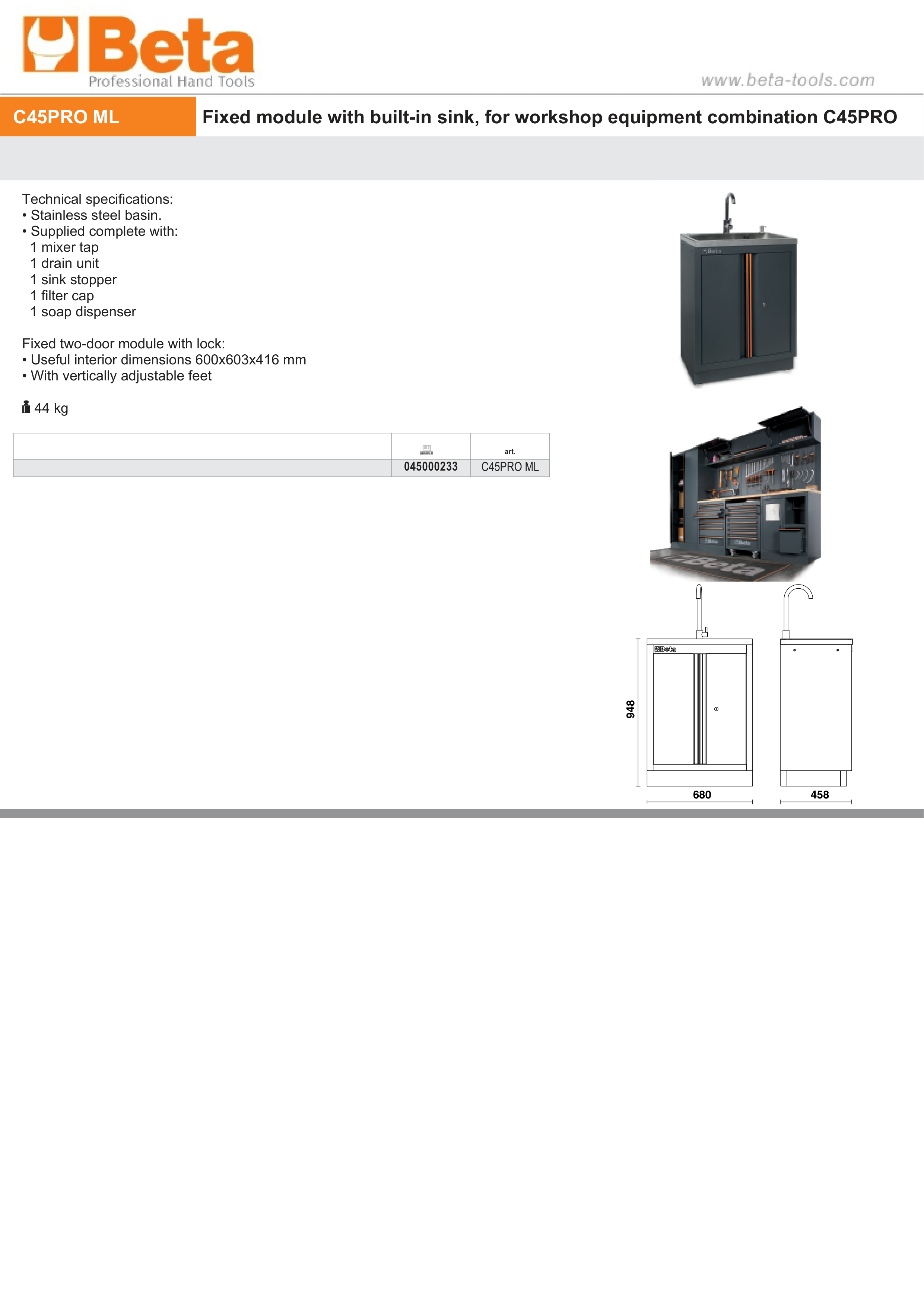 Fixed Module with Built-In Sink and Two Doors for Workshop - BetaC45PRO C45PRO ML thumbnail 2