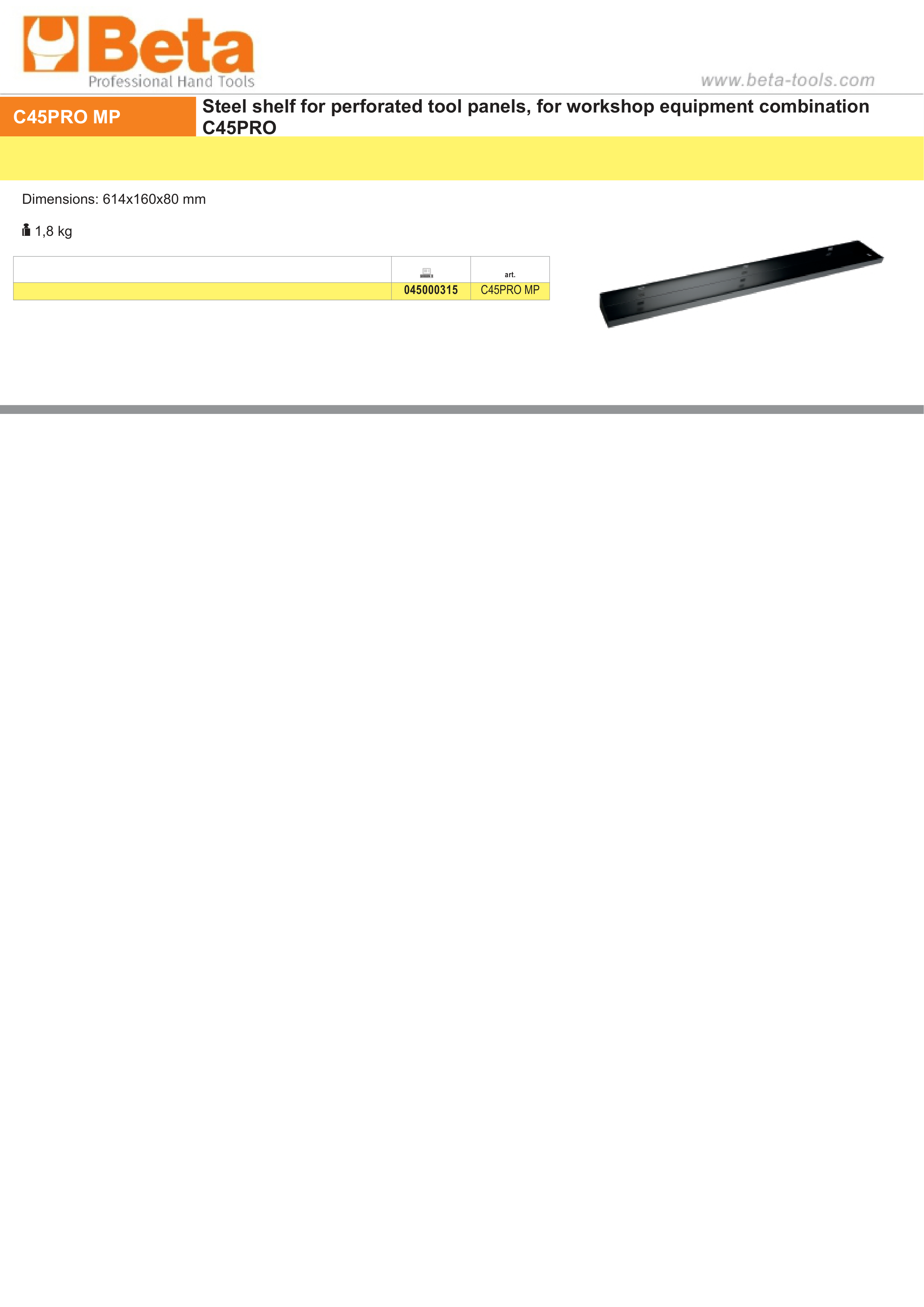 Steel Shelf 614x160mm for Perforated Tool Panels in Workshop - BetaC45PRO C45PRO MP thumbnail 2