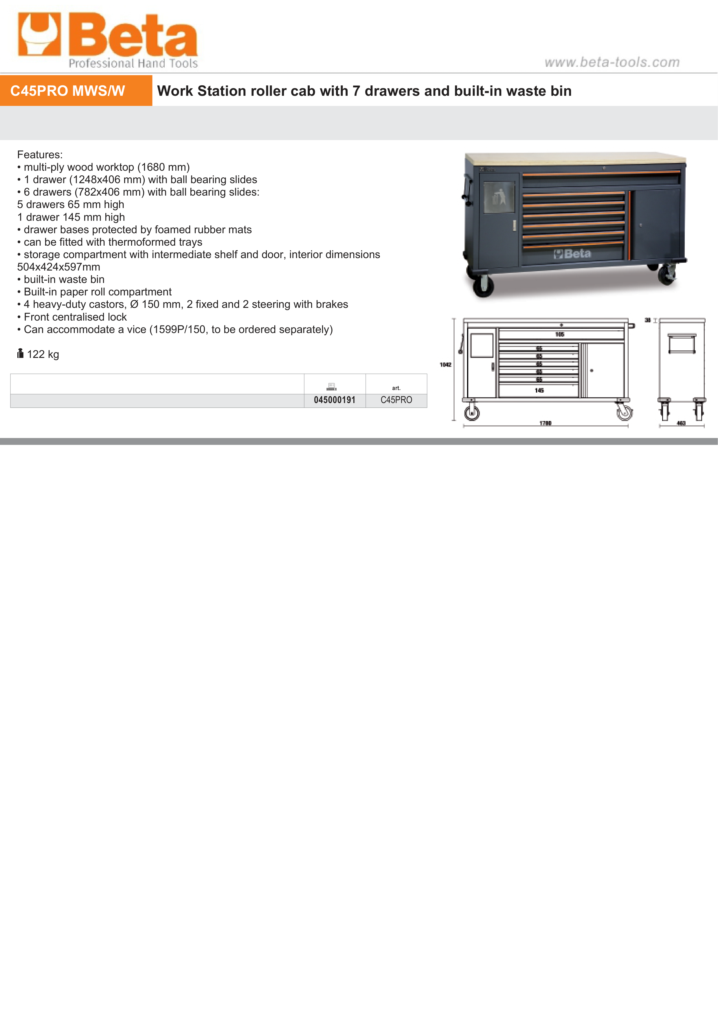 Work Station Roller Cab with 7 Drawers and Built-In Waste Bin - BetaC45PRO C45PRO MWS/W thumbnail 2