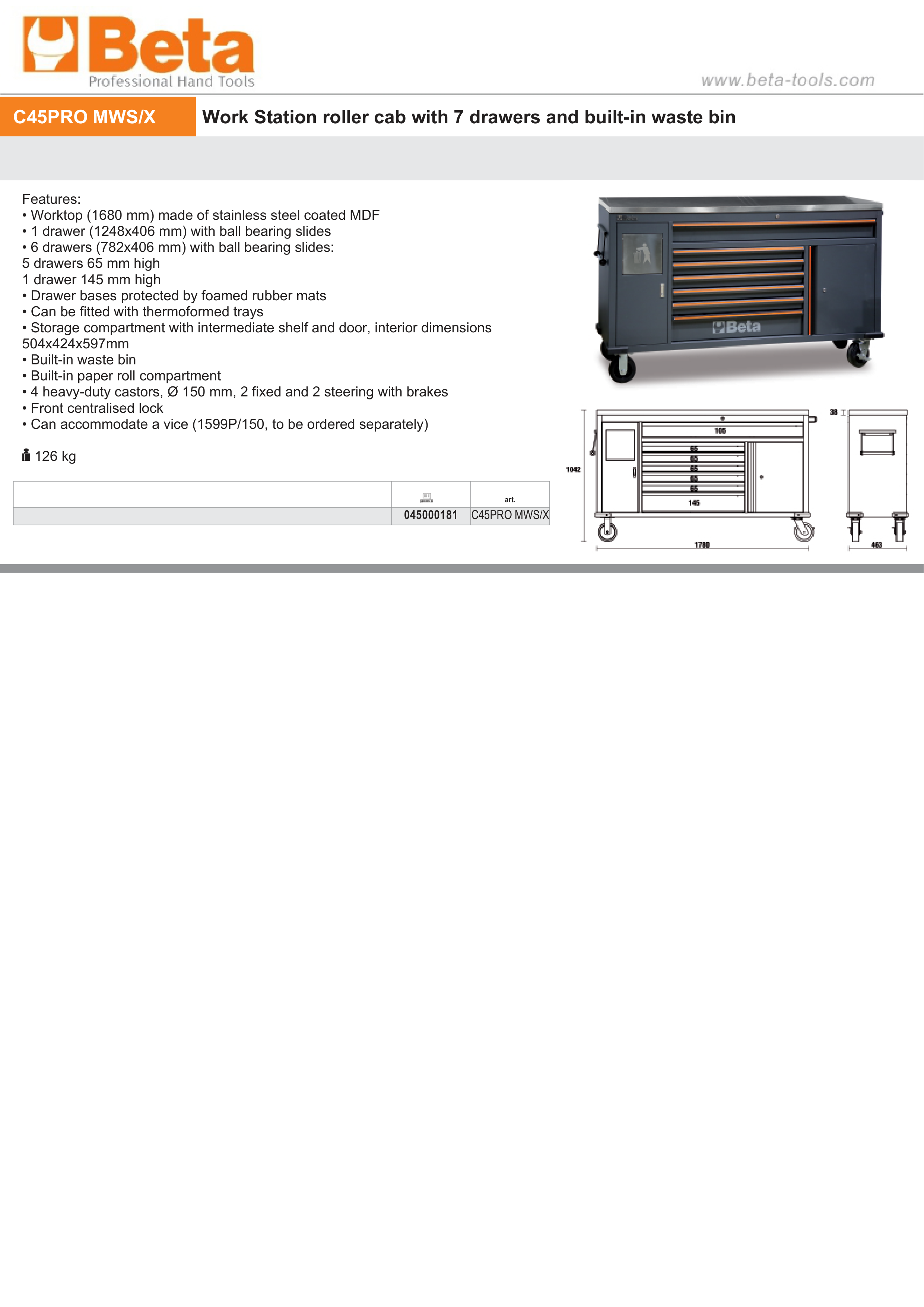 Work Station Roller Cab with 7 Drawers and Built-In Waste Bin - BetaC45PRO C45PRO MWS/X thumbnail 3