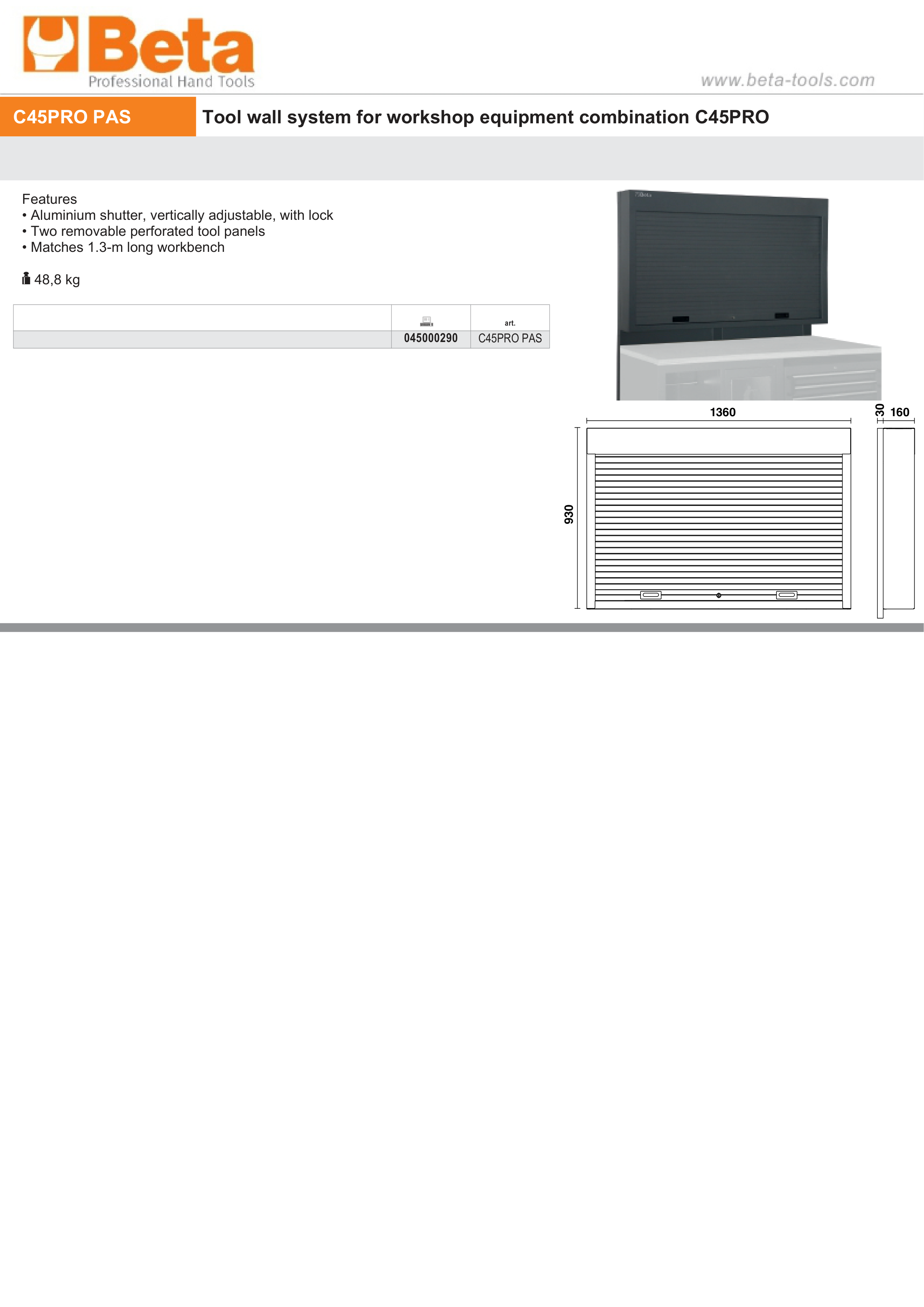 Tool Wall System with Adjustable Shutter and Perforated Panels for Workshop - BetaC45PRO C45PRO PAS thumbnail 2