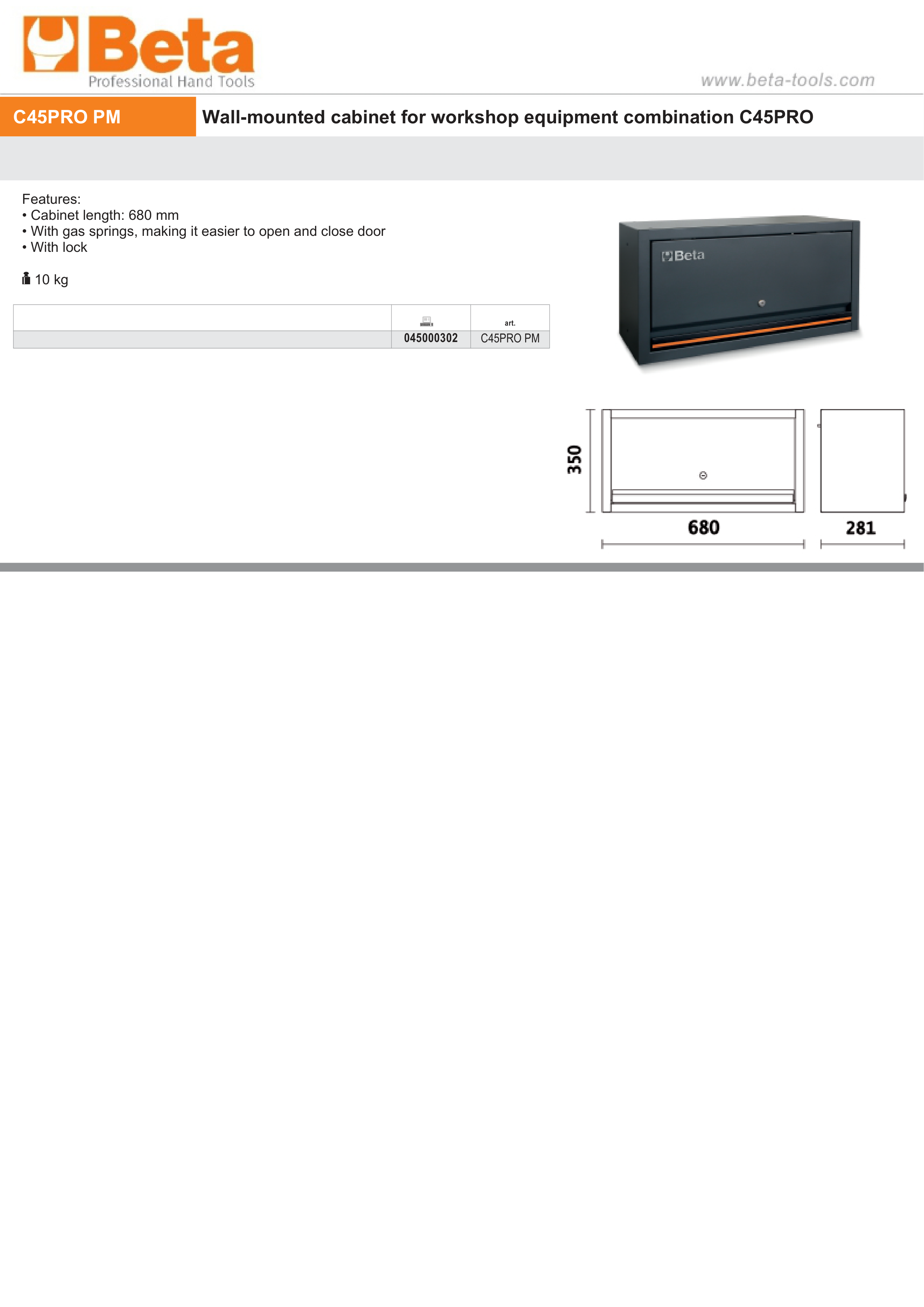 Wall-Mounted Cabinet with Gas Springs and Lock for Workshop - BetaC45PRO C45PRO PM thumbnail 2