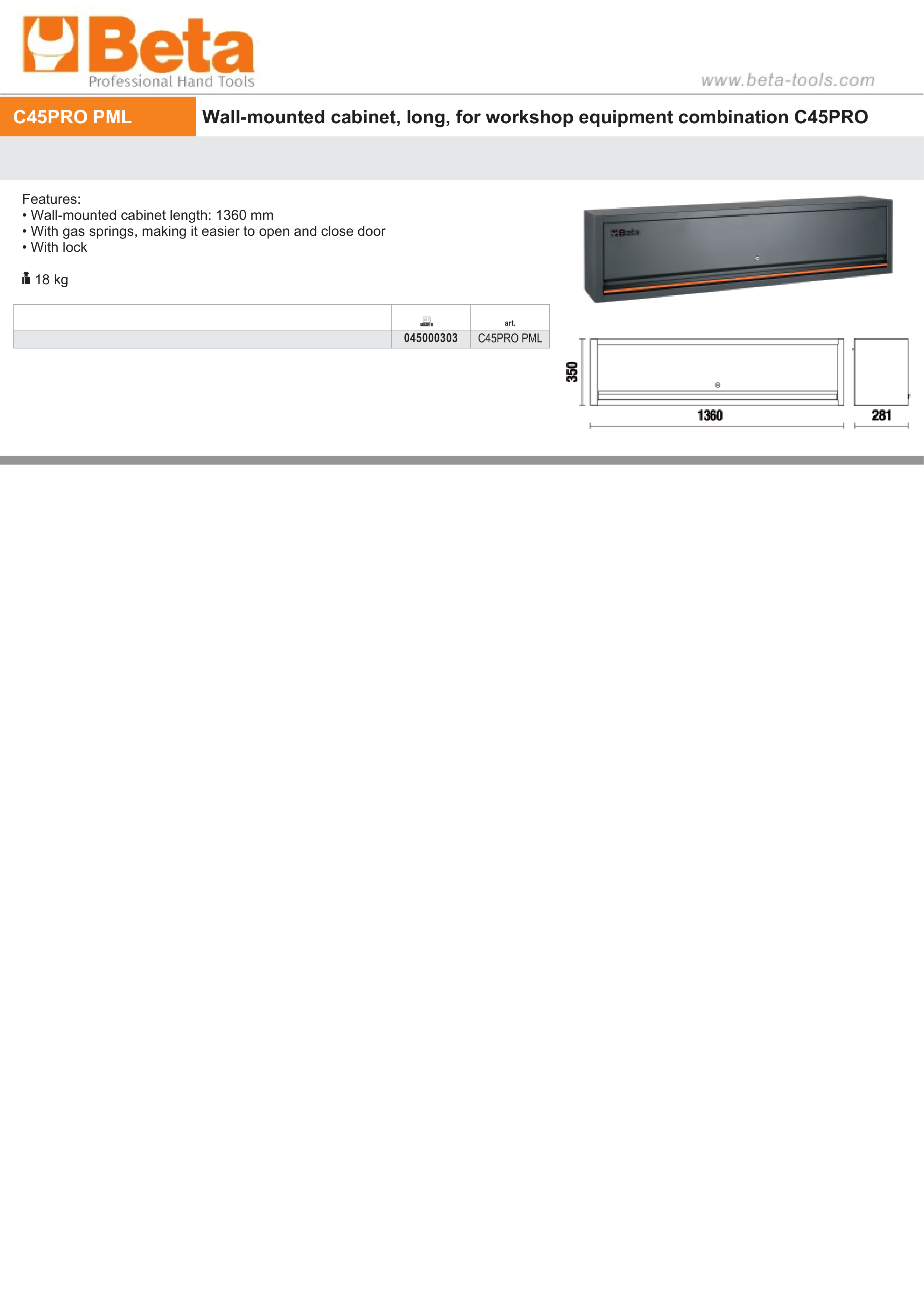 Long Wall-Mounted Cabinet with Gas Springs and Lock for Workshop - BetaC45PRO C45PRO PML thumbnail 2