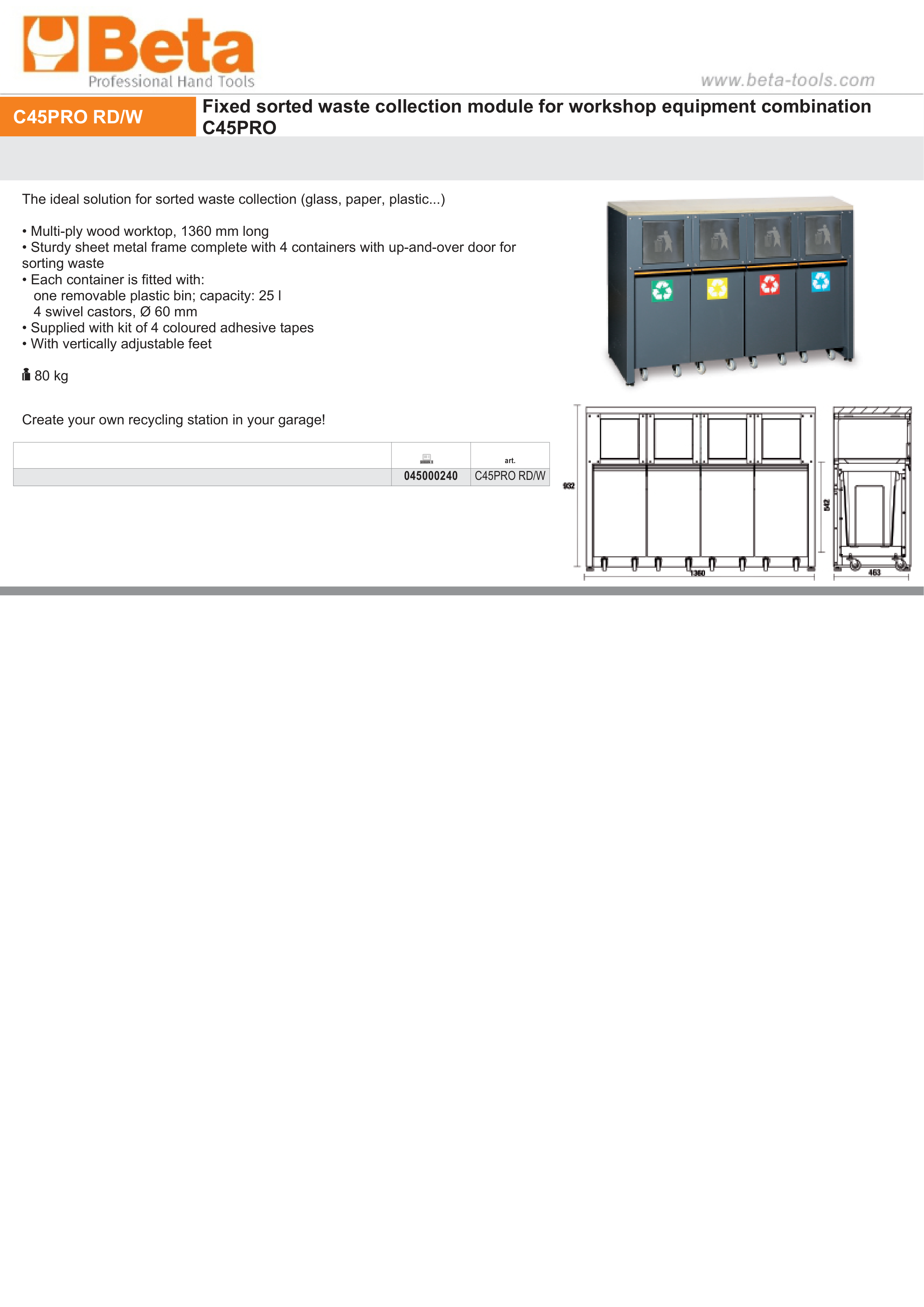 Fixed Sorted Waste Collection Module with Worktop and 4 Containers for Workshop - BetaC45PRO C45PRO RD/W thumbnail 2