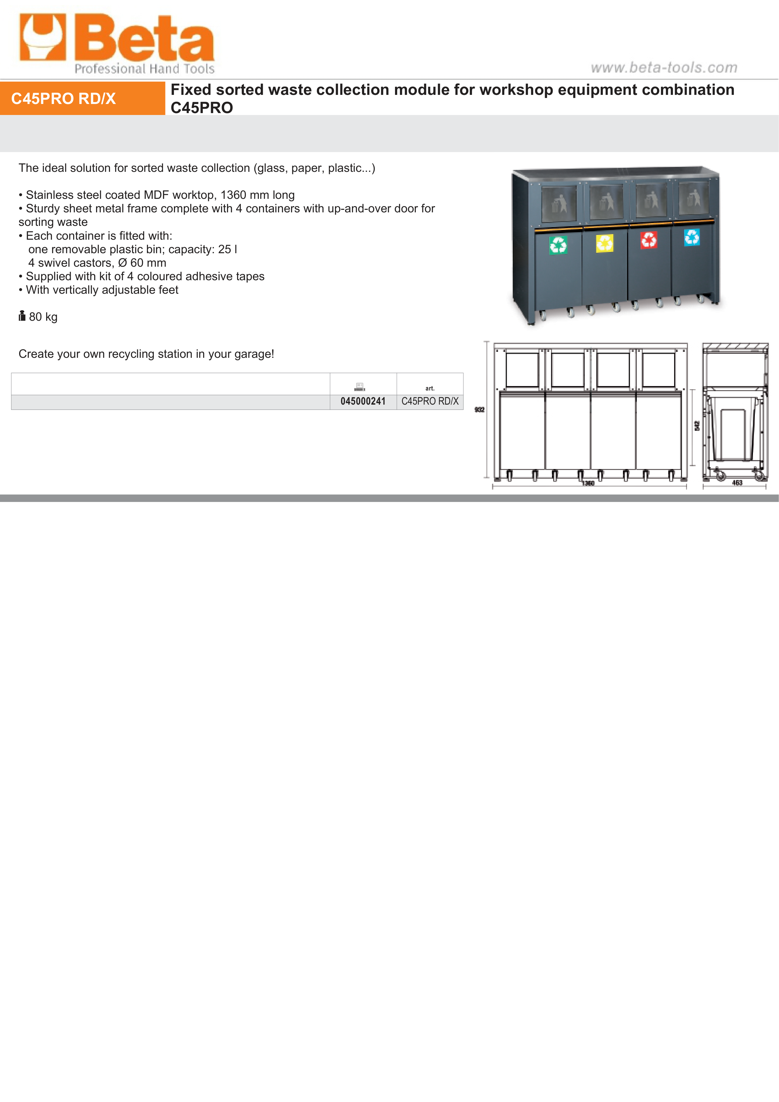 Fixed Sorted Waste Collection Module with Stainless Steel Worktop and 4 Containers for Workshop - BetaC45PRO C45PRO RD/X thumbnail 3