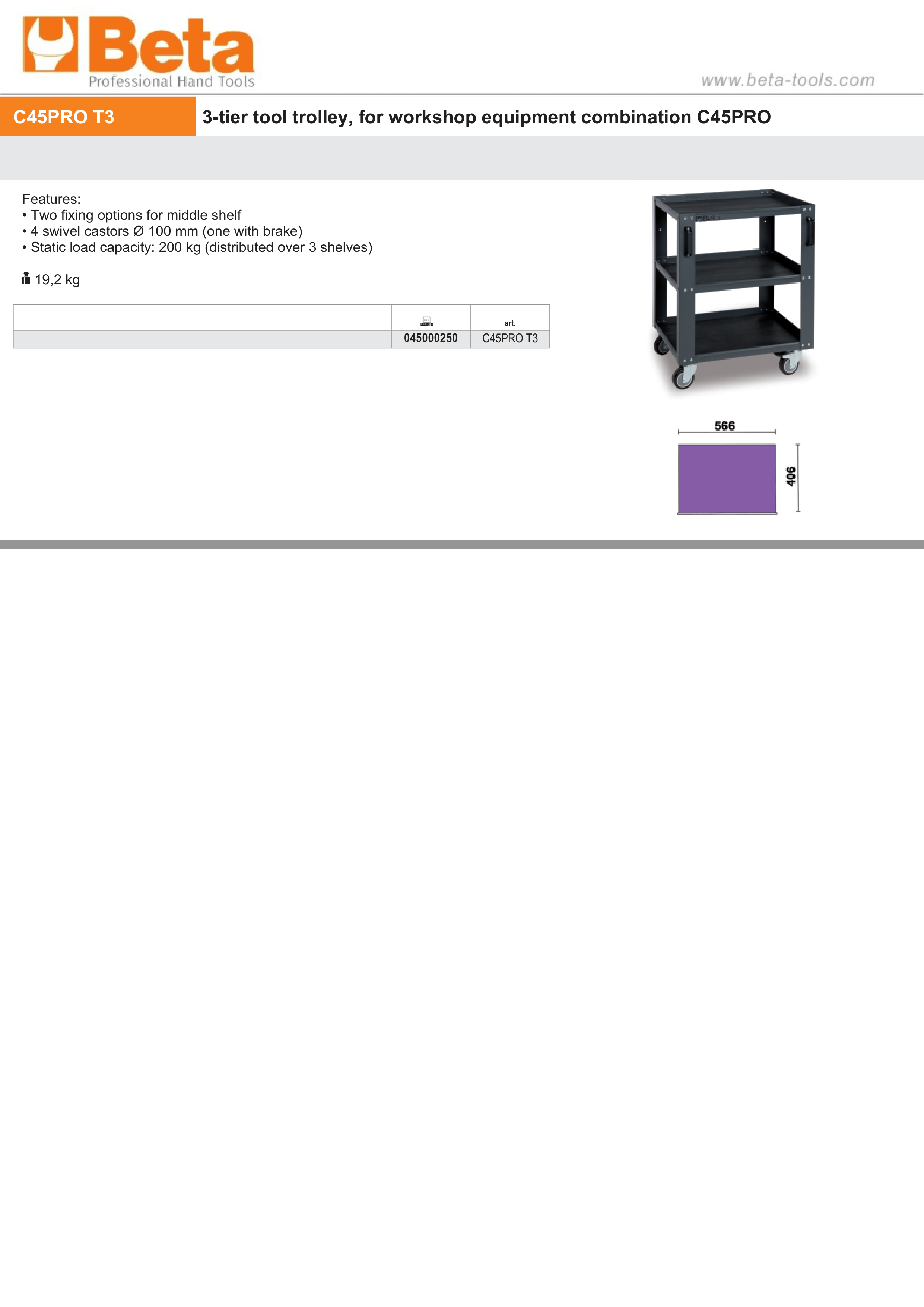 3-Tier Tool Trolley with Adjustable Middle Shelf for Workshop - BetaC45PRO C45PRO T3 thumbnail 2