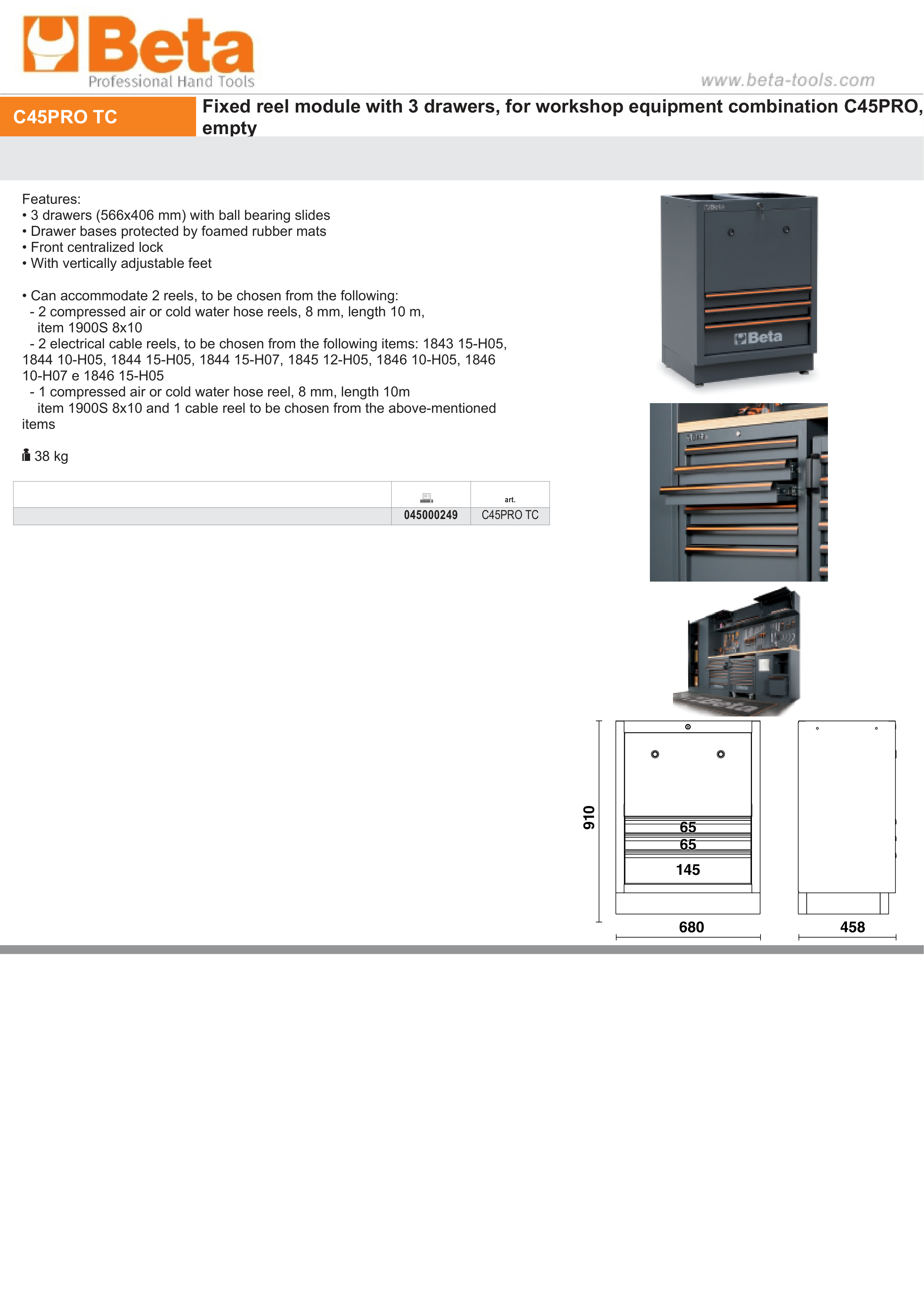 Fixed Reel Module with 3 Drawers for Workshop, Empty - BetaC45PRO C45PRO TC thumbnail 4