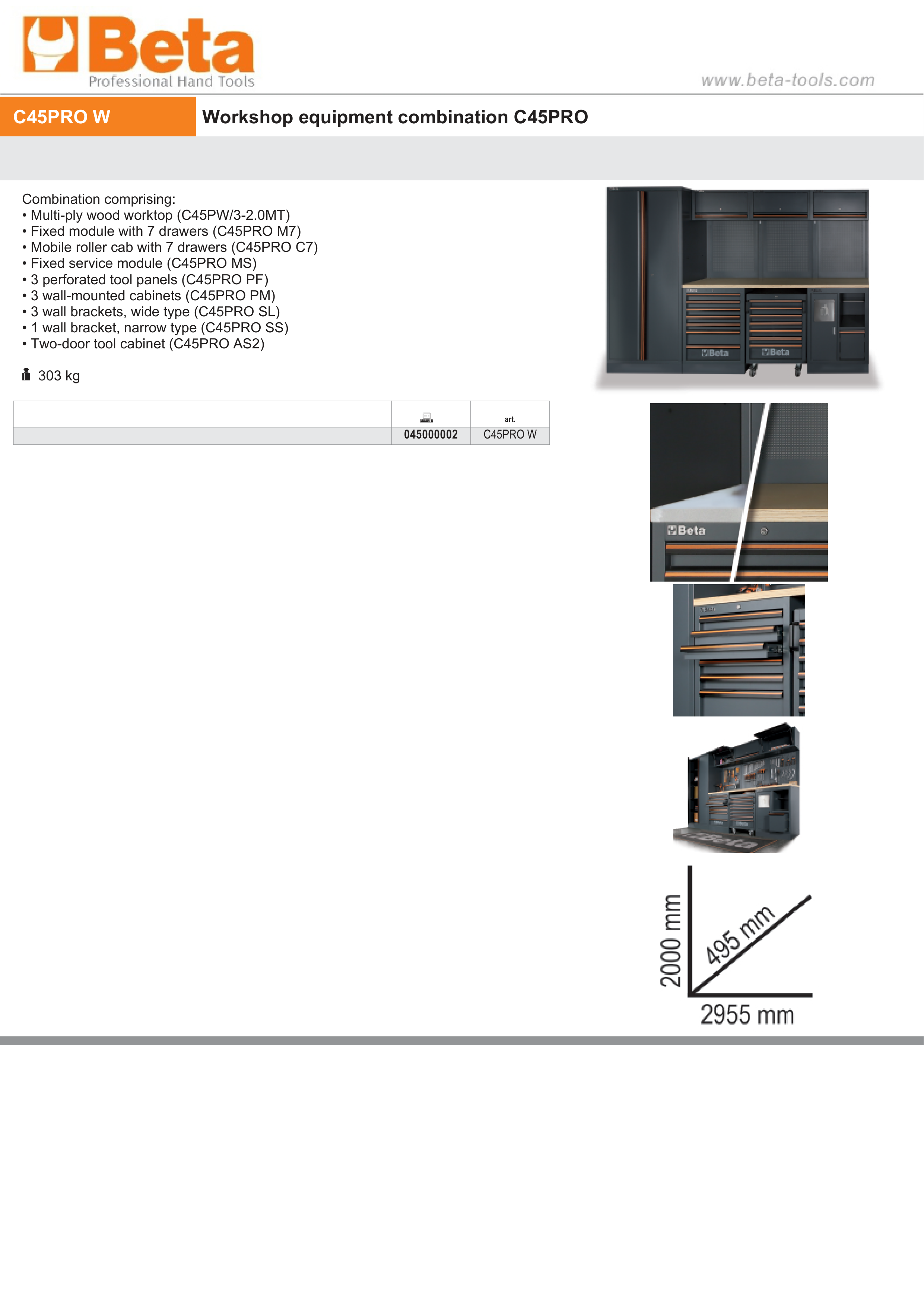 Workshop Equipment Combination with Wood Worktop, Drawers, Tool Panels, and Cabinets - BetaC45PRO C45PRO W thumbnail 6