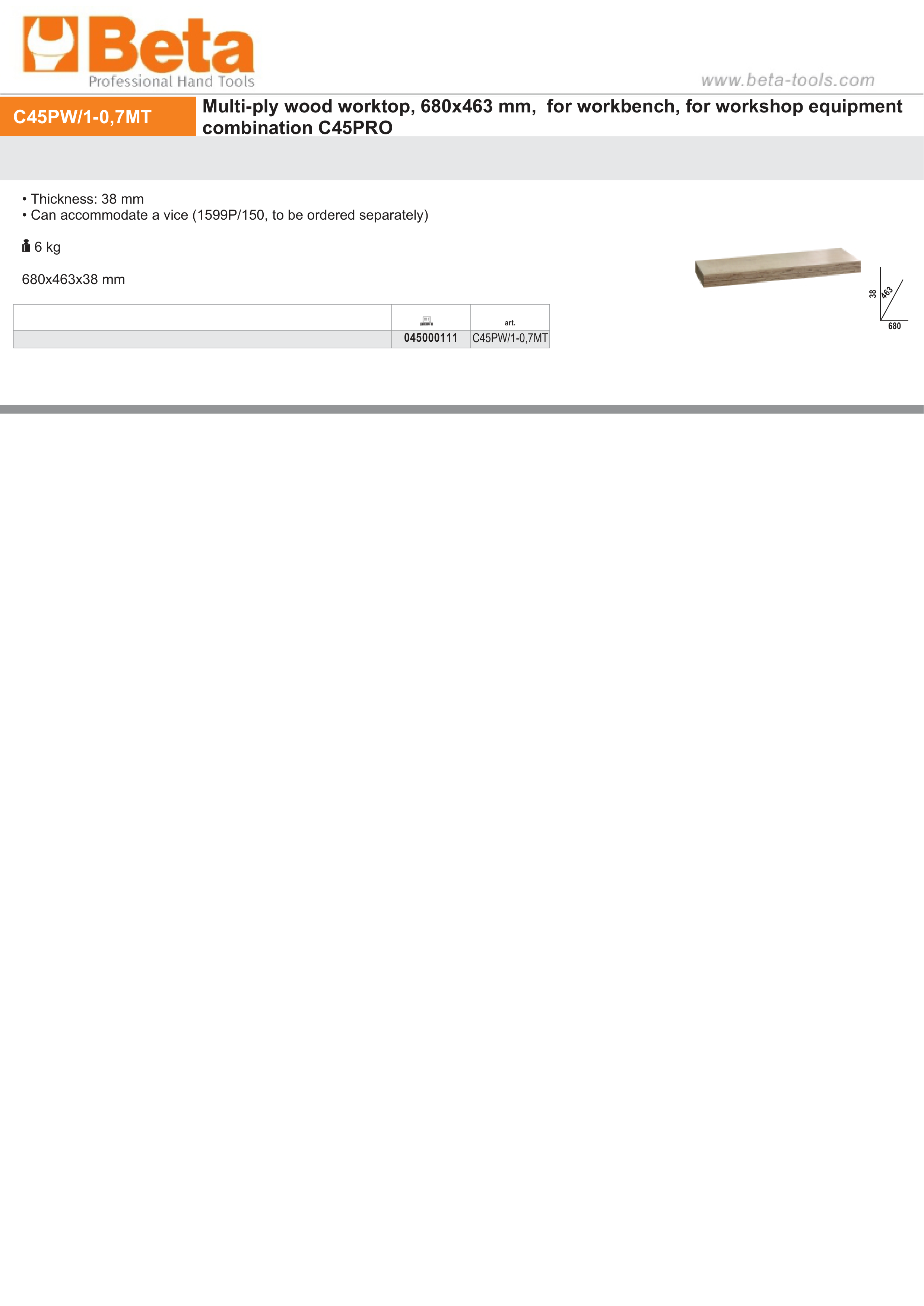 Multi-Ply Wood Worktop 680x463x38mm for Workbench - BetaC45PRO C45PW/1-0,7MT thumbnail 2