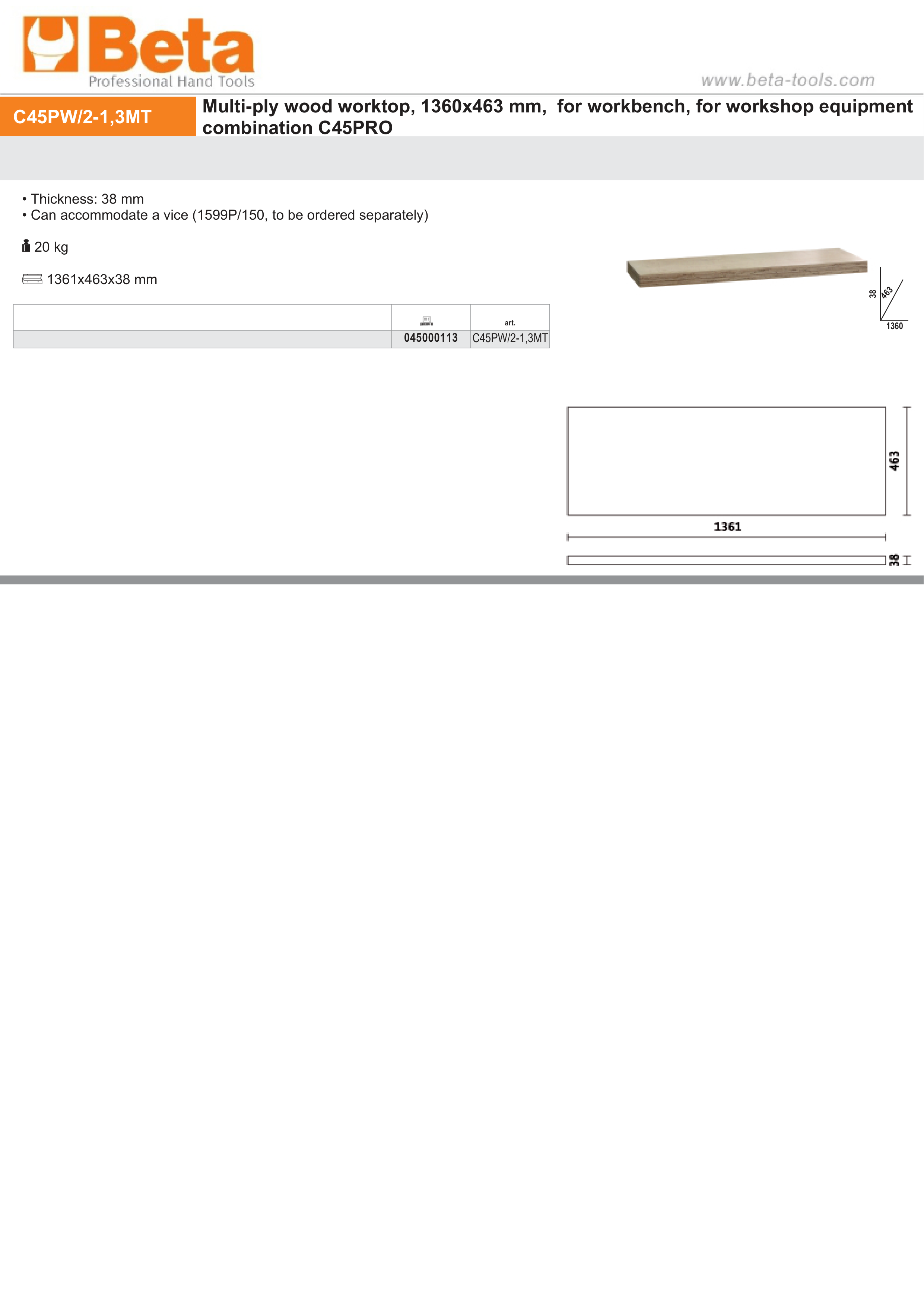 Multi-Ply Wood Worktop 1360x463x38mm for Workbench - BetaC45PRO C45PW/2-1,3MT thumbnail 2