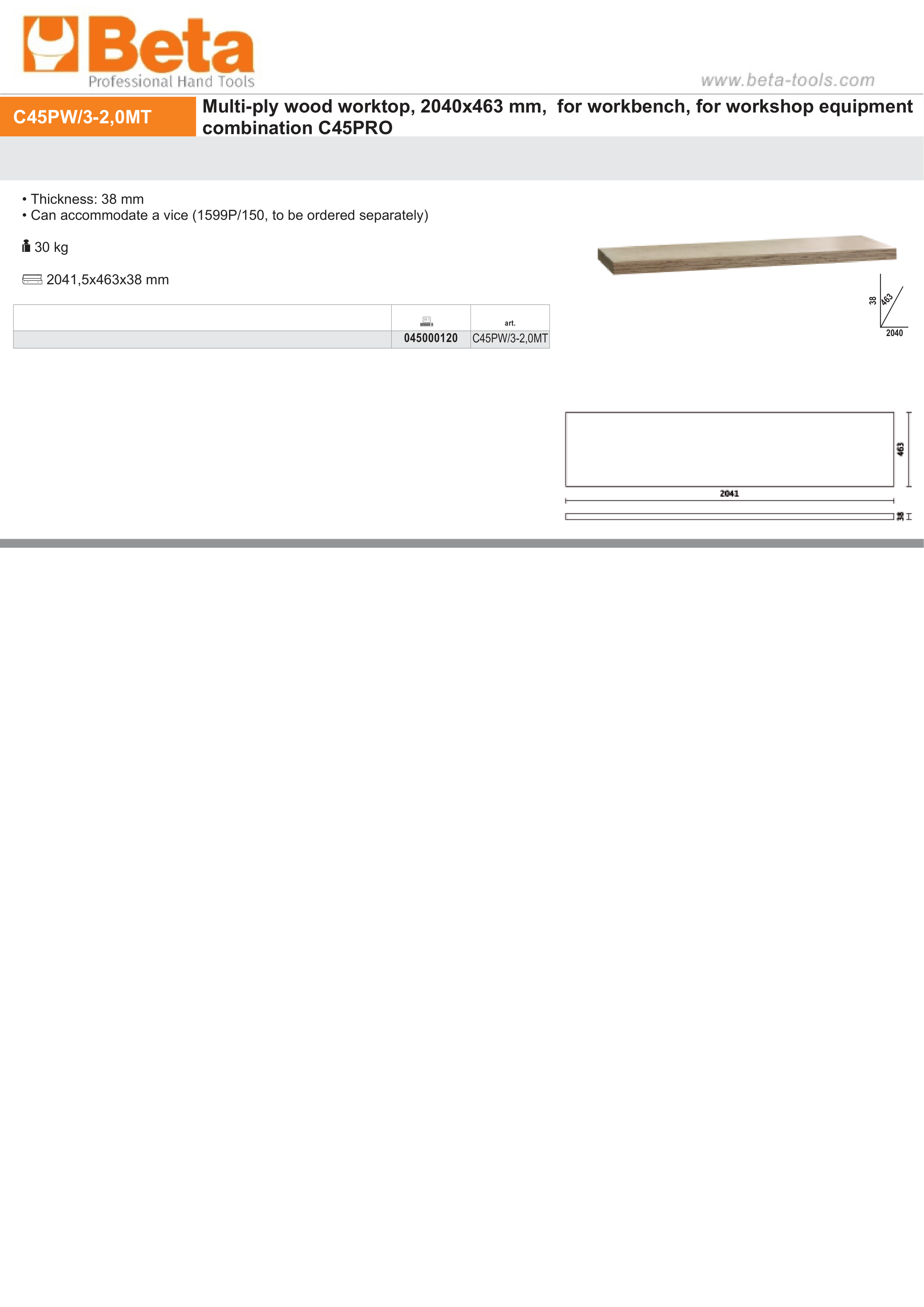 Multi-Ply Wood Worktop 2040x463x38mm for Workbench - BetaC45PRO C45PW/3-2,0MT thumbnail 3