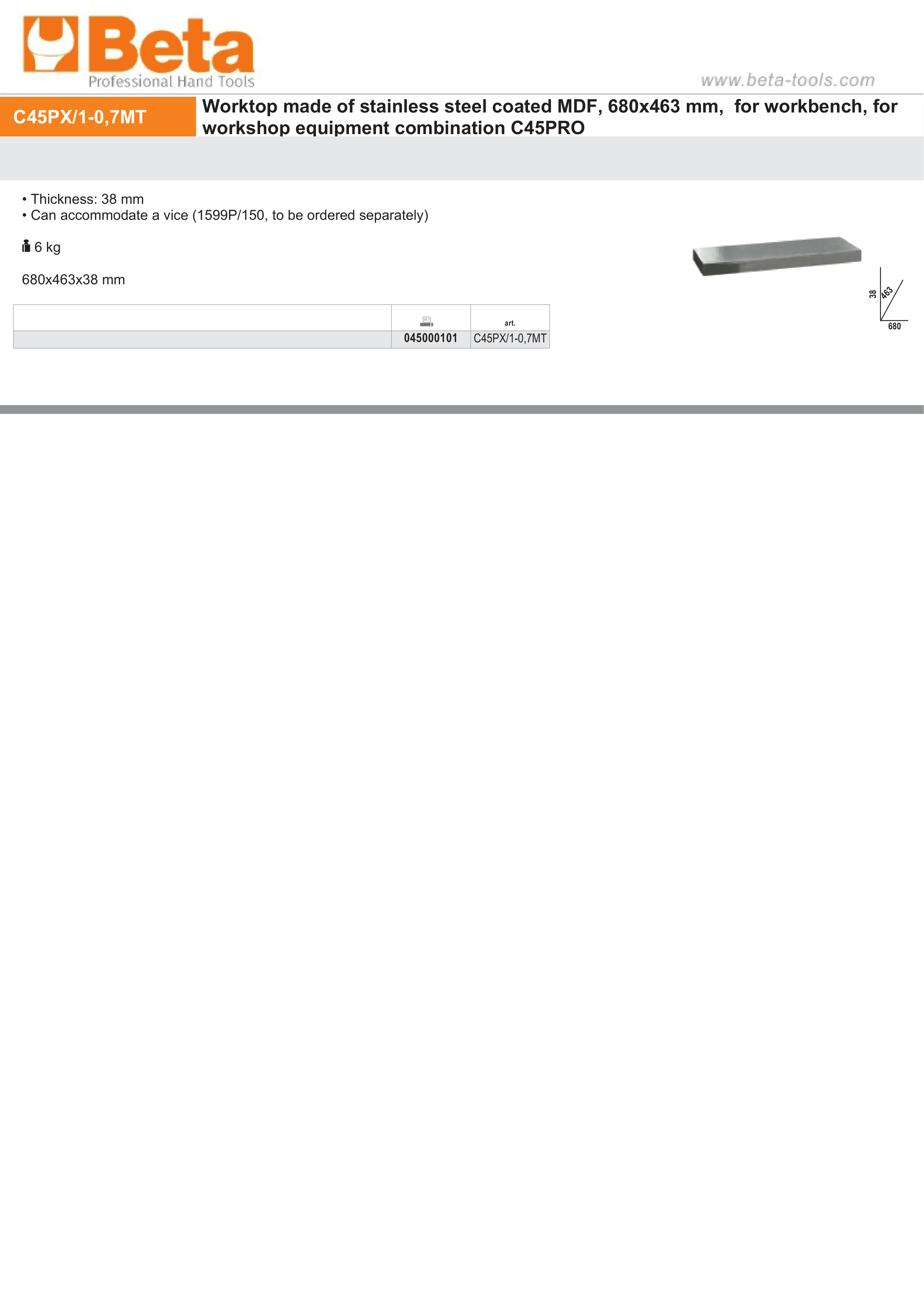 Stainless Steel Coated MDF Worktop 680x463x38mm for Workbench - BetaC45PRO C45PX/1-0,7MT thumbnail 2