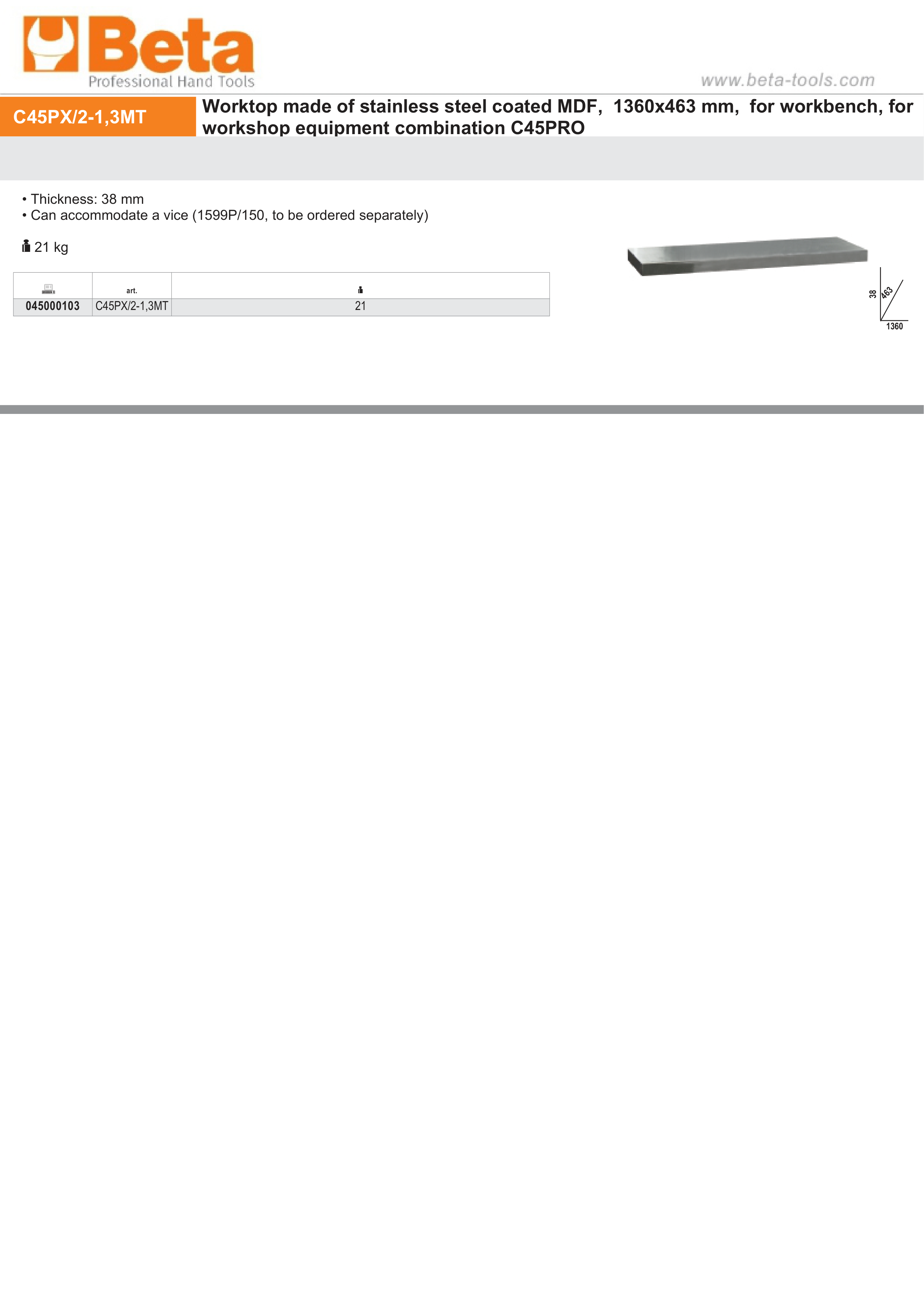Stainless Steel Coated MDF Worktop 1360x463x38mm for Workbench - BetaC45PRO C45PX/2-1,3MT thumbnail 2