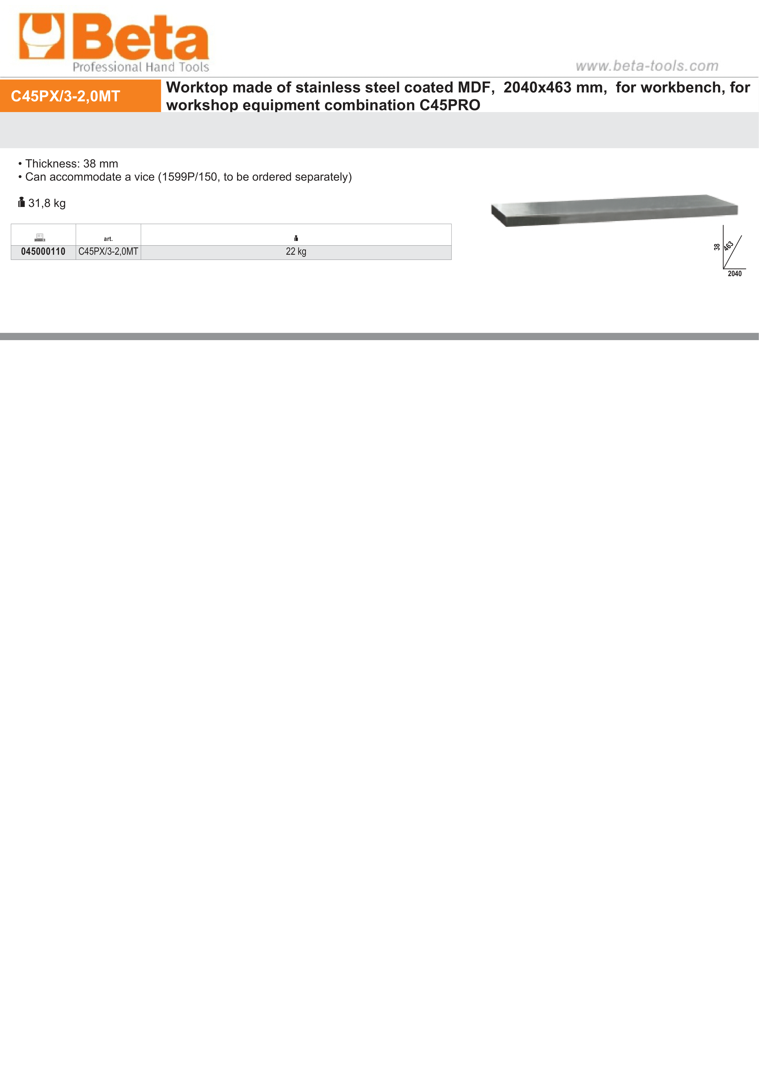 Stainless Steel Coated MDF Worktop 2040x463x38mm for Workbench - BetaC45PRO C45PX/3-2,0MT thumbnail 2