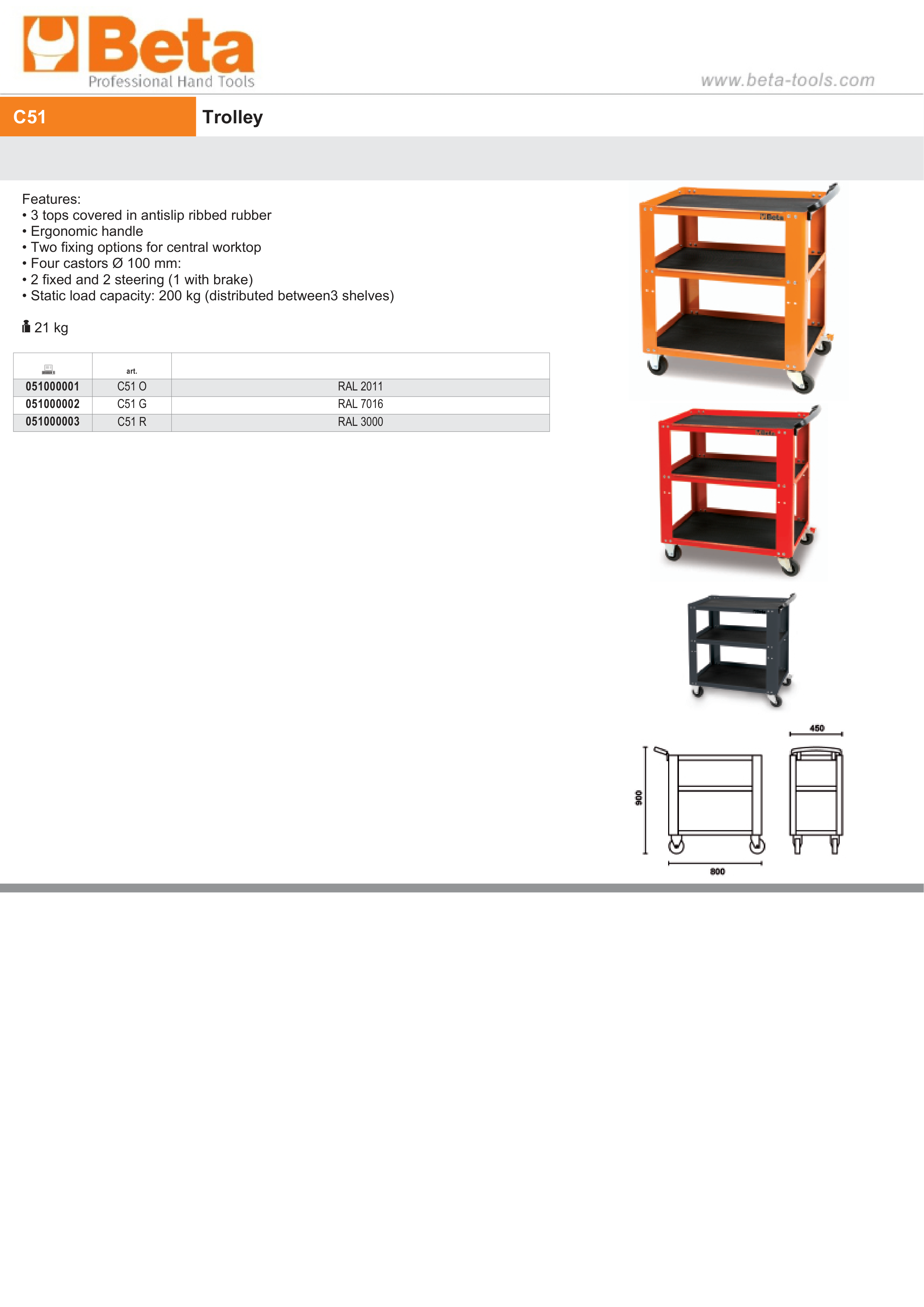 Trolley with 3 Antislip Rubber Tops, Ergonomic Handle, 4 Castors 100mm, 200kg Load Capacity - Beta Tools C51 R thumbnail 3