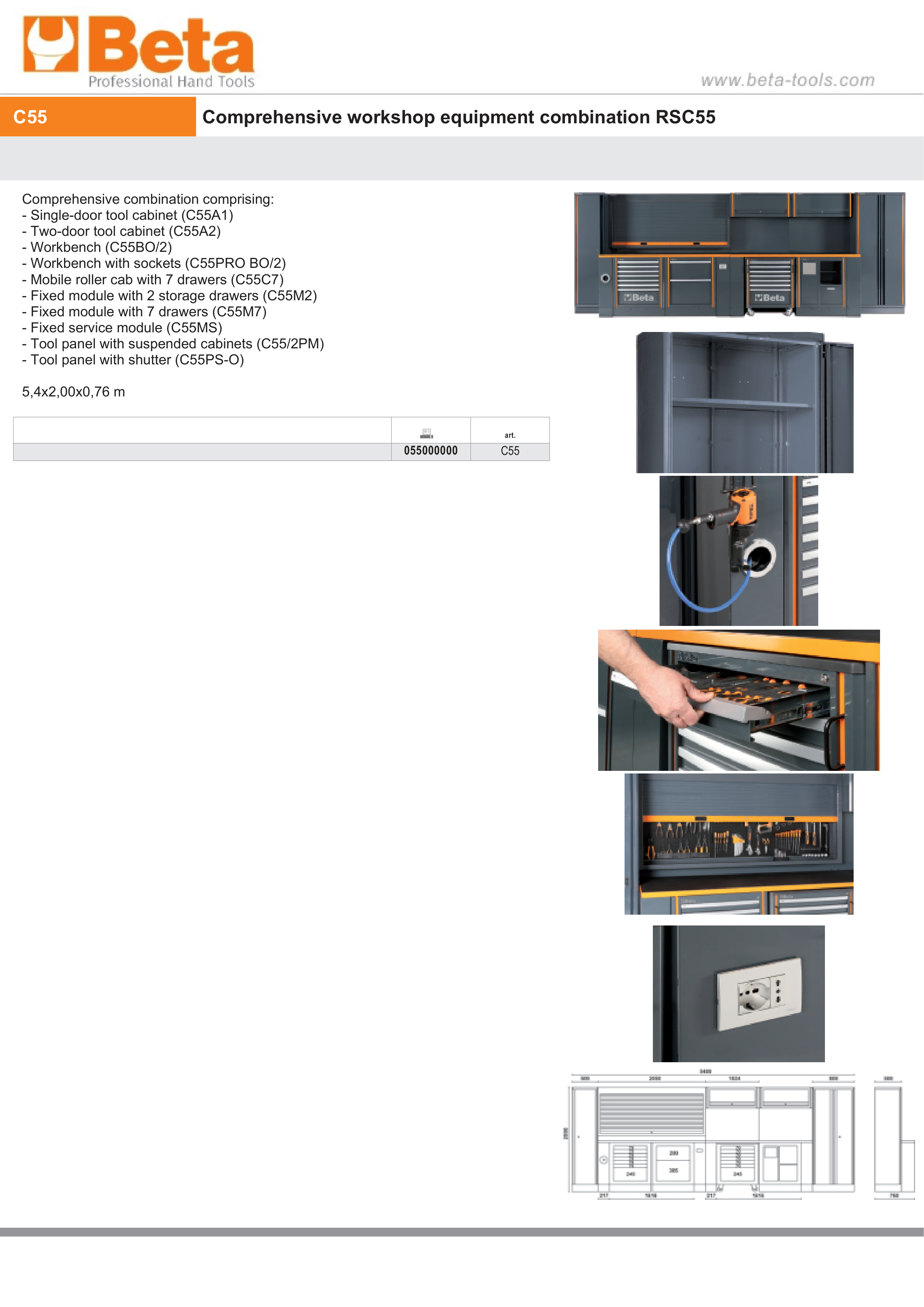 Comprehensive Workshop Equipment Set with Cabinets, Workbenches, Mobile Roller Cab, Tool Panels, 5.4x2.00x0.76m - BetaRSC55 C55 thumbnail 8