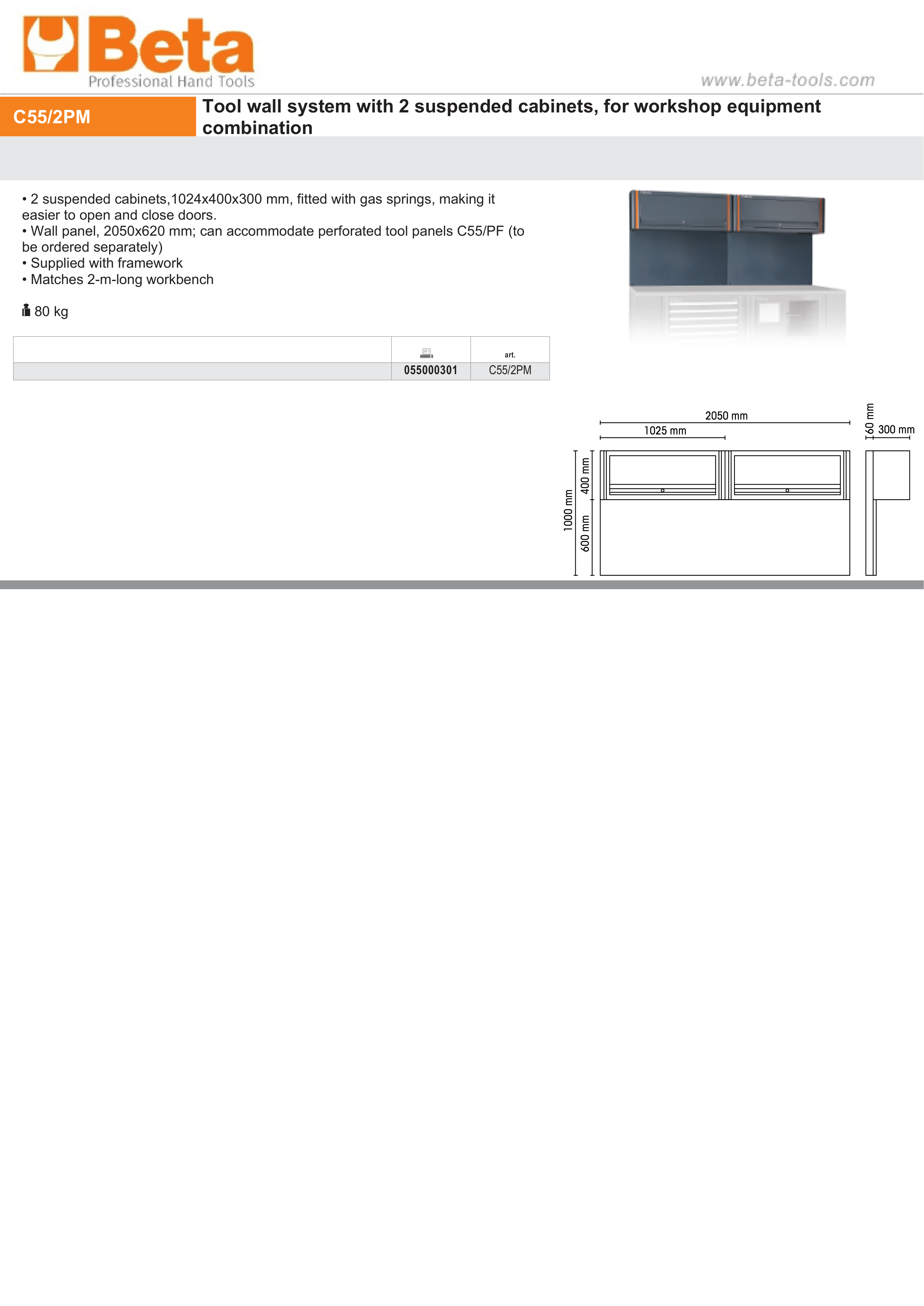 Tool Wall System with 2 Suspended Cabinets, Gas Springs, 2050x620mm Wall Panel, Fits 2m Workbench - BetaRSC55 C55/2PM thumbnail 3