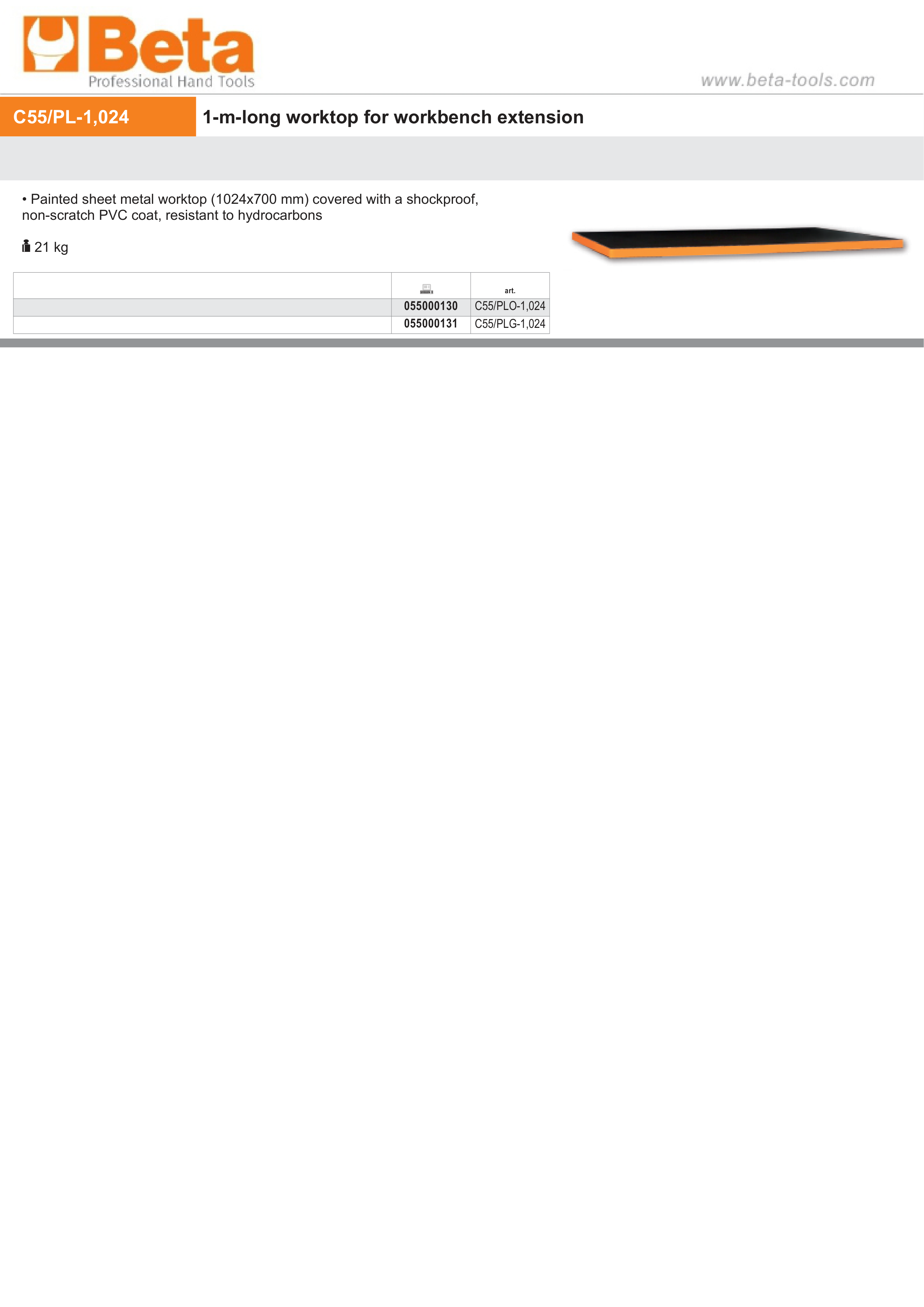 1m Worktop Extension with Shockproof PVC Coating, 1024x700mm - BetaRSC55 C55/PLO-1,024 thumbnail 2