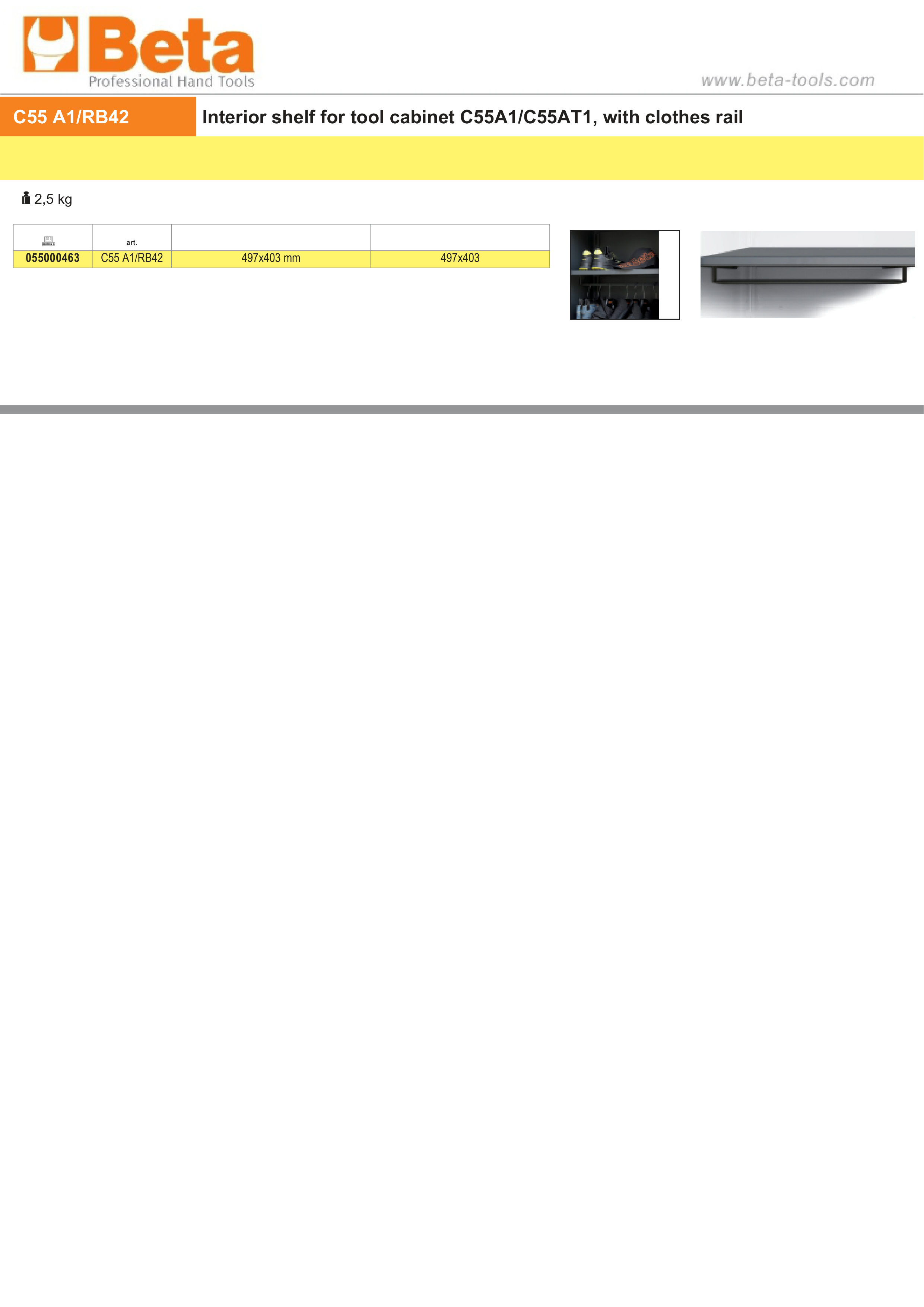 Interior Shelf with Clothes Rail for Tool Cabinet, 497x403mm - BetaRSC55 C55 A1/RB42 thumbnail 3
