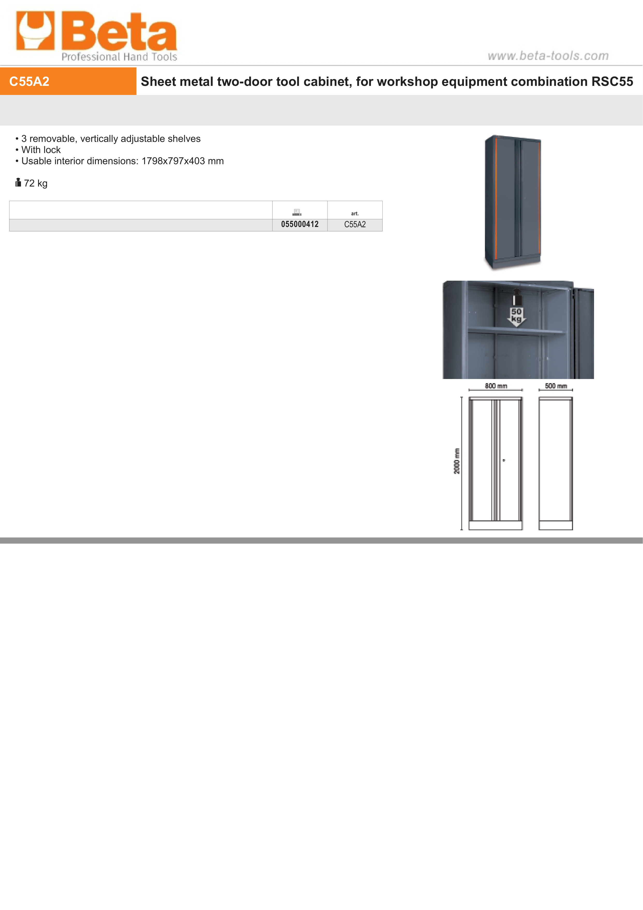 Two-Door Tool Cabinet, 1798x797x403mm, Adjustable Shelves, Lockable - BetaRSC55 C55A2 thumbnail 3