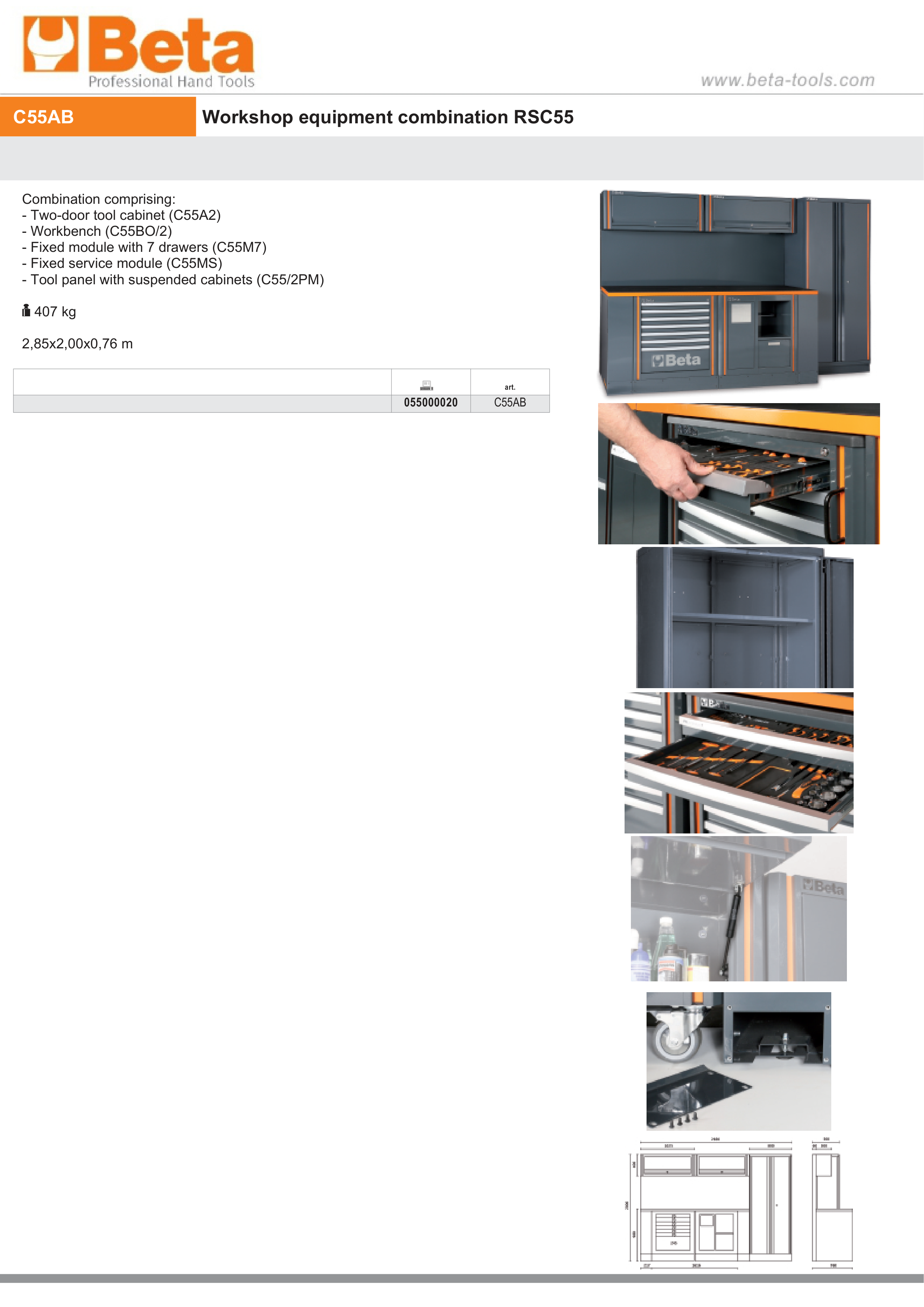 Workshop Equipment Set with Two-Door Cabinet, Workbench, 7-Drawer Module, Service Module, Tool Panel, 2.85x2.00x0.76m - BetaRSC55 C55AB thumbnail 8