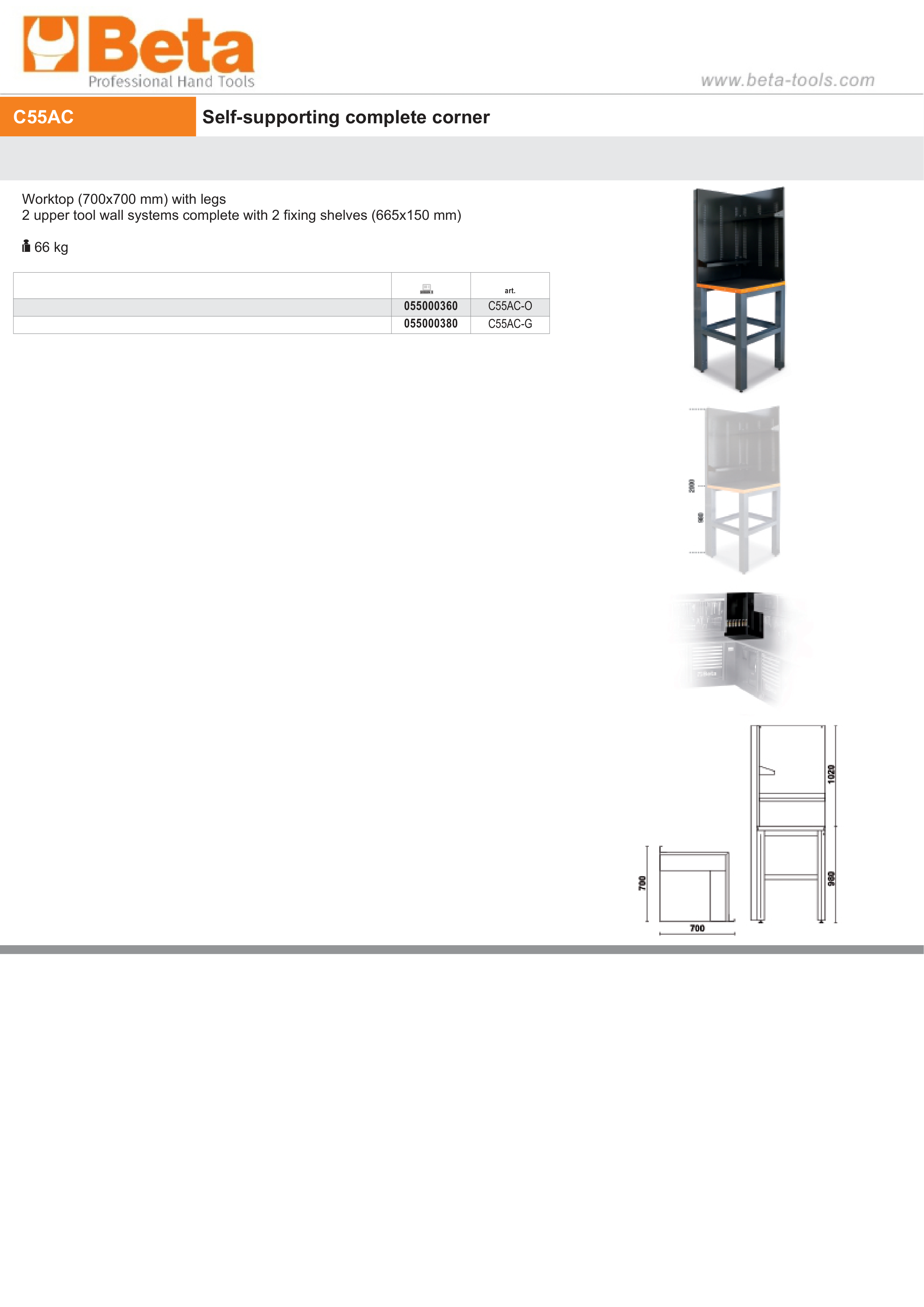 Self-Supporting Complete Corner Worktop, 700x700mm, with Tool Wall Systems and Fixing Shelves - BetaRSC55 C55AC-G thumbnail 5