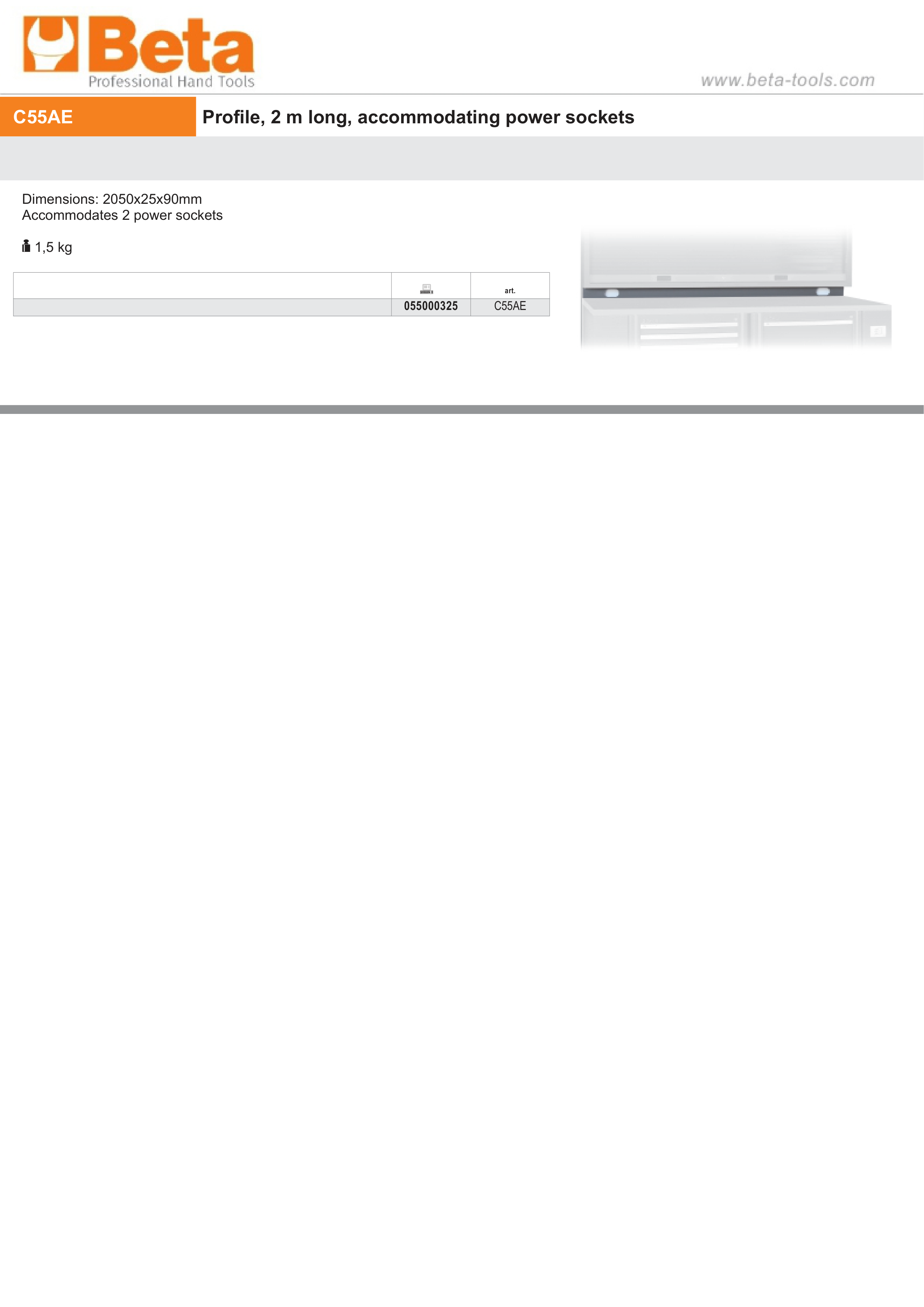 Profile, 2050x25x90mm, Dual Power Socket Compatible - BetaRSC55 C55AE thumbnail 2
