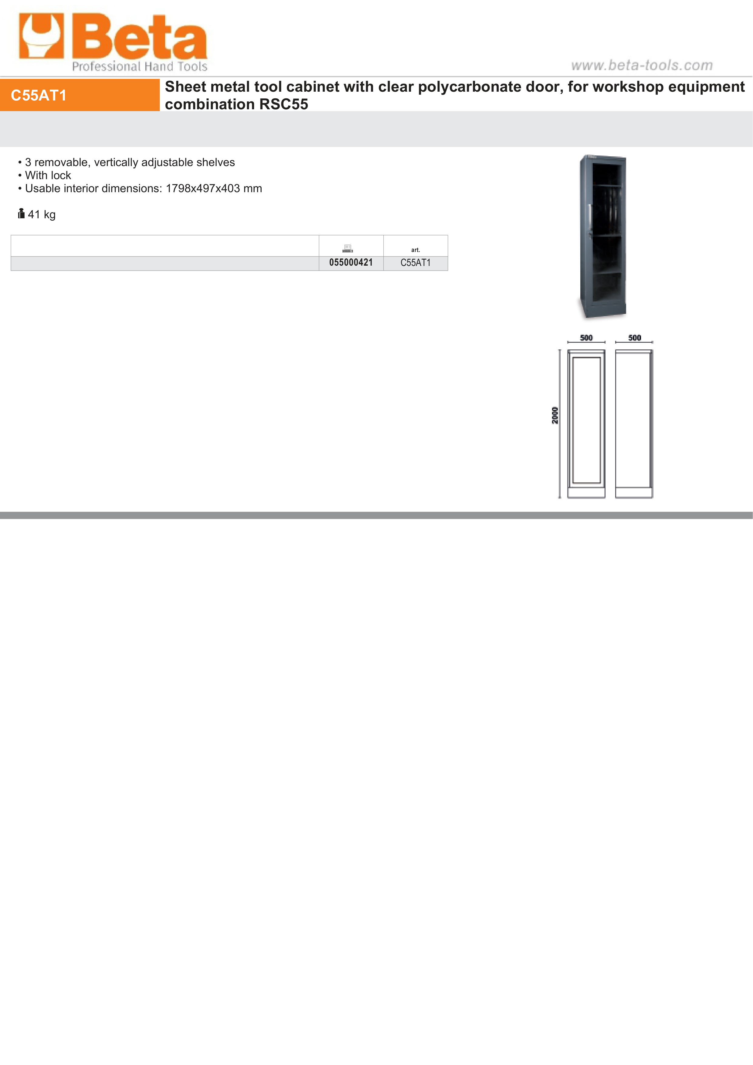 Tool Cabinet with Clear Polycarbonate Door, 1798x497x403mm, Adjustable Shelves, Lockable - BetaRSC55 C55AT1 thumbnail 2