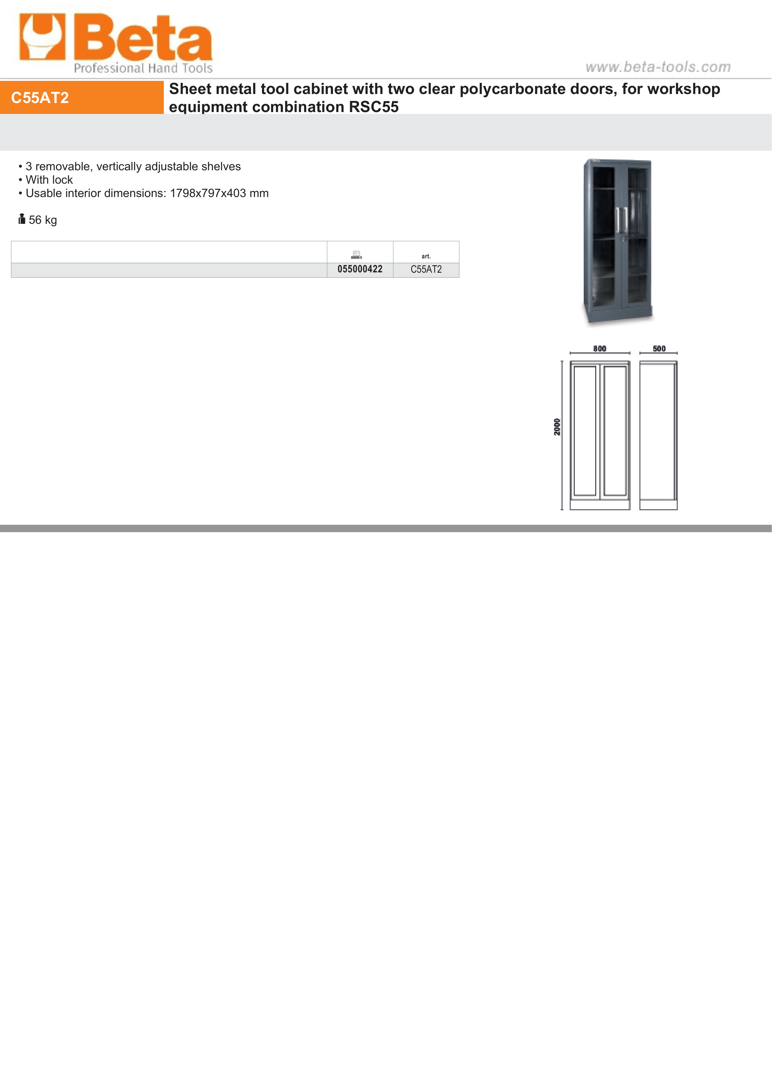 Tool Cabinet with Two Clear Polycarbonate Doors, 1798x797x403mm, Adjustable Shelves, Lockable - BetaRSC55 C55AT2 thumbnail 3