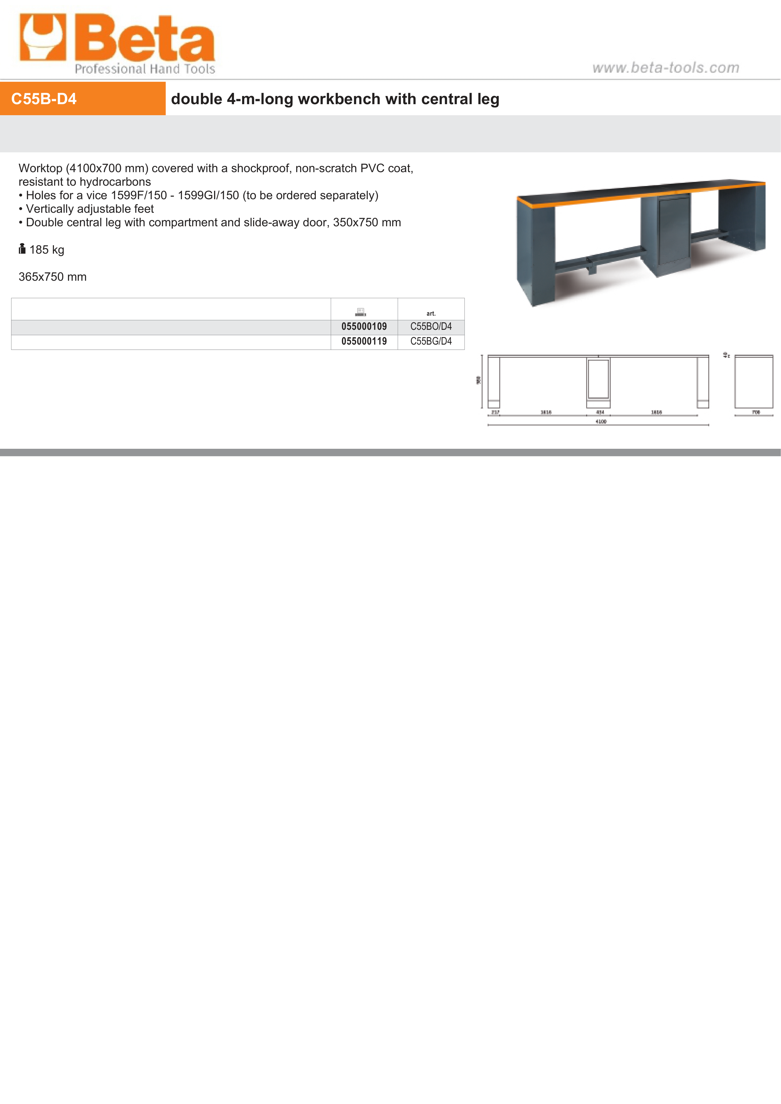 Double 4m Workbench with Central Leg, Shockproof PVC Worktop, Adjustable Feet, 4100x700mm - BetaRSC55 C55BO/D4 thumbnail 3