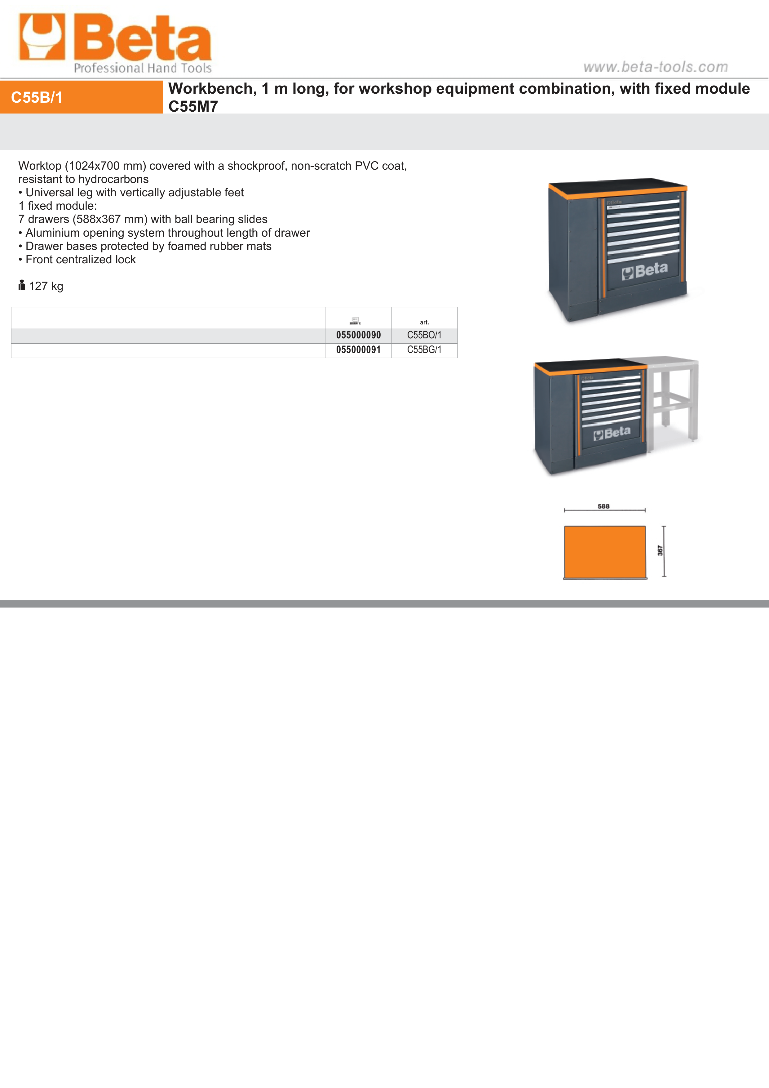 Workbench 1m with 7-Drawer Fixed Module, Shockproof PVC Worktop, Adjustable Feet, 1024x700mm - BetaRSC55 C55BO/1 thumbnail 2