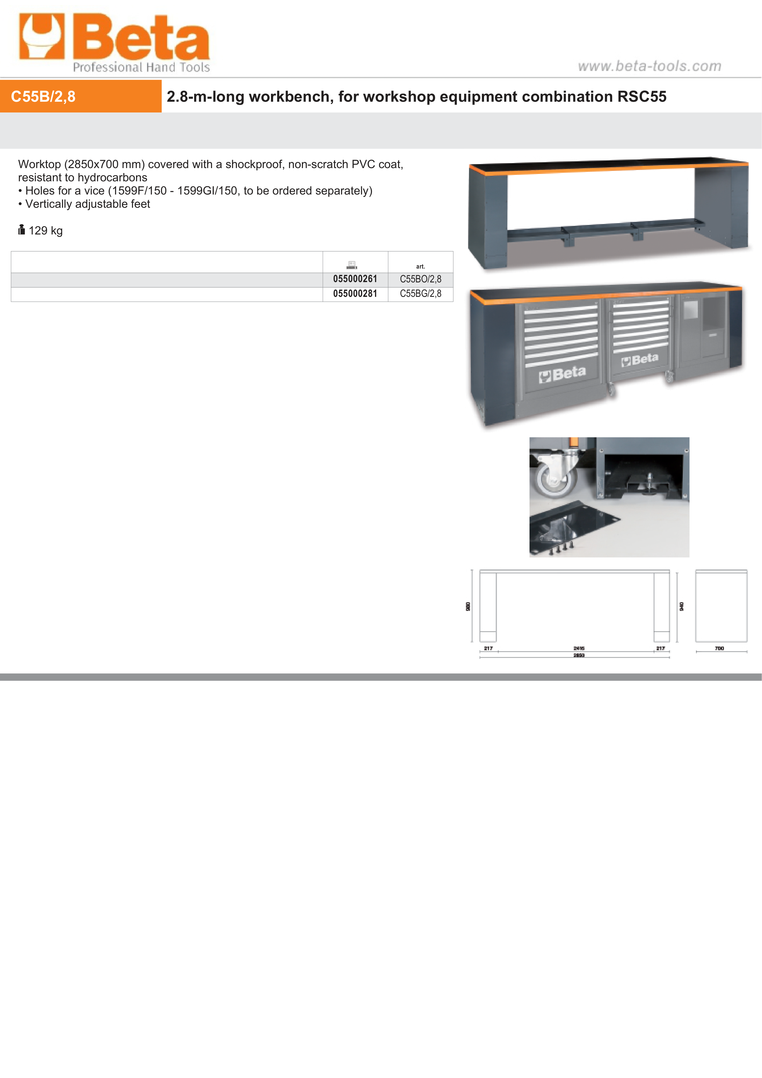 2.8m Workbench with Shockproof PVC Coated Worktop, Adjustable Feet, Vice Holes - BetaRSC55 C55BO/2,8 thumbnail 2