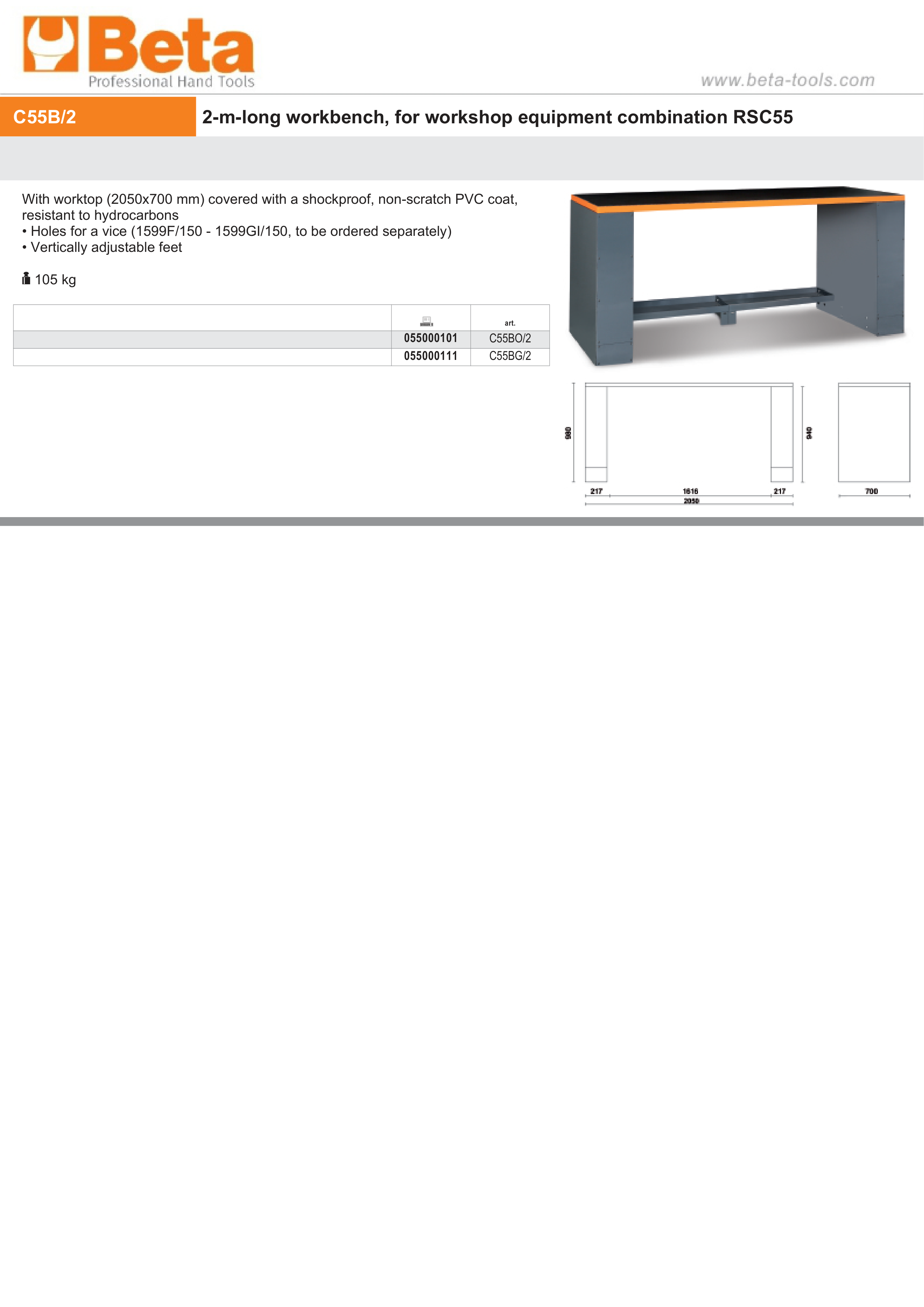 2m Workbench with Shockproof PVC Worktop, Adjustable Feet, 2050x700mm - BetaRSC55 C55BO/2 thumbnail 2