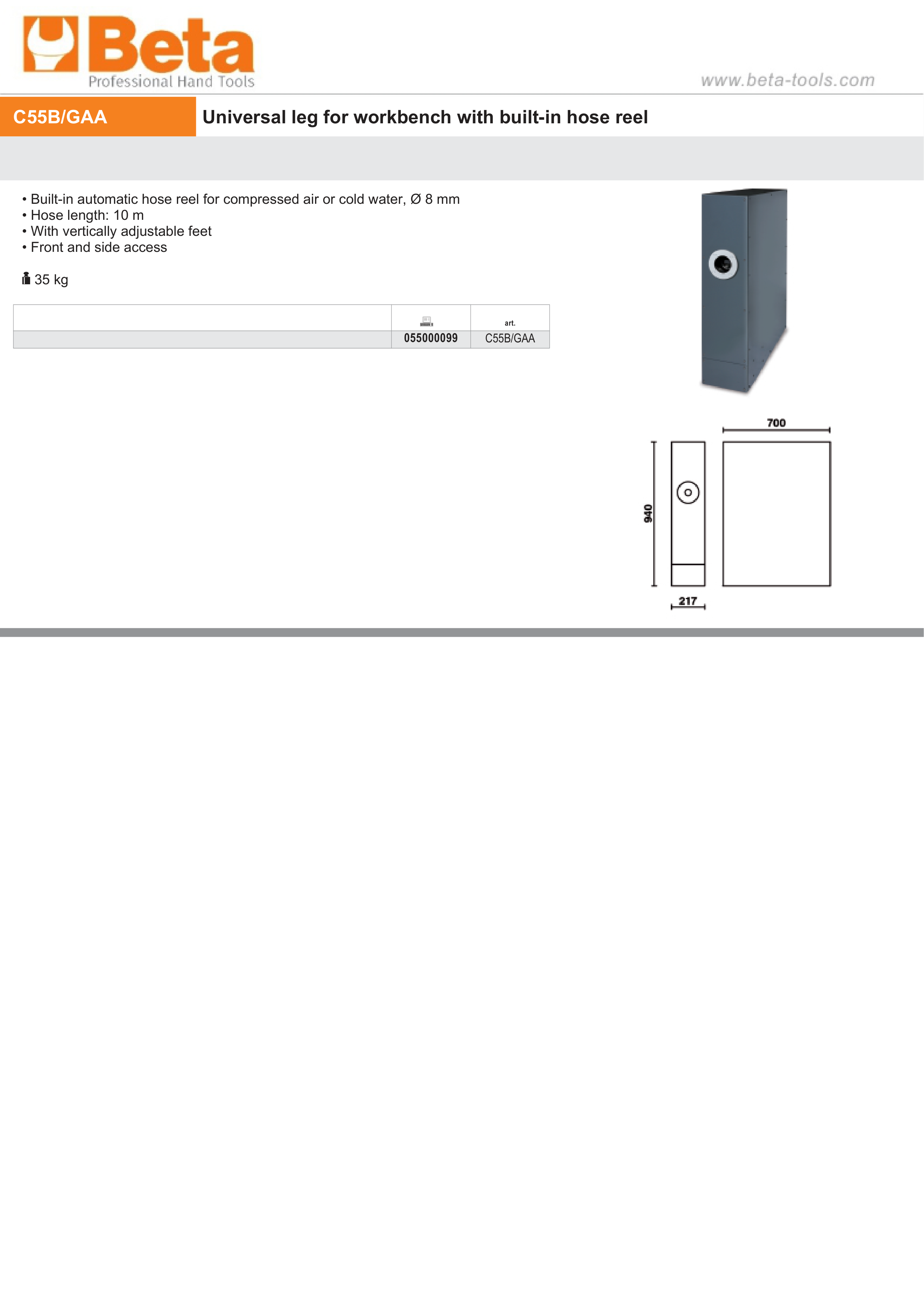 Universal Leg with Built-In 10m Hose Reel, 8mm, Adjustable Feet for Workbench - BetaRSC55 C55B/GAA thumbnail 3