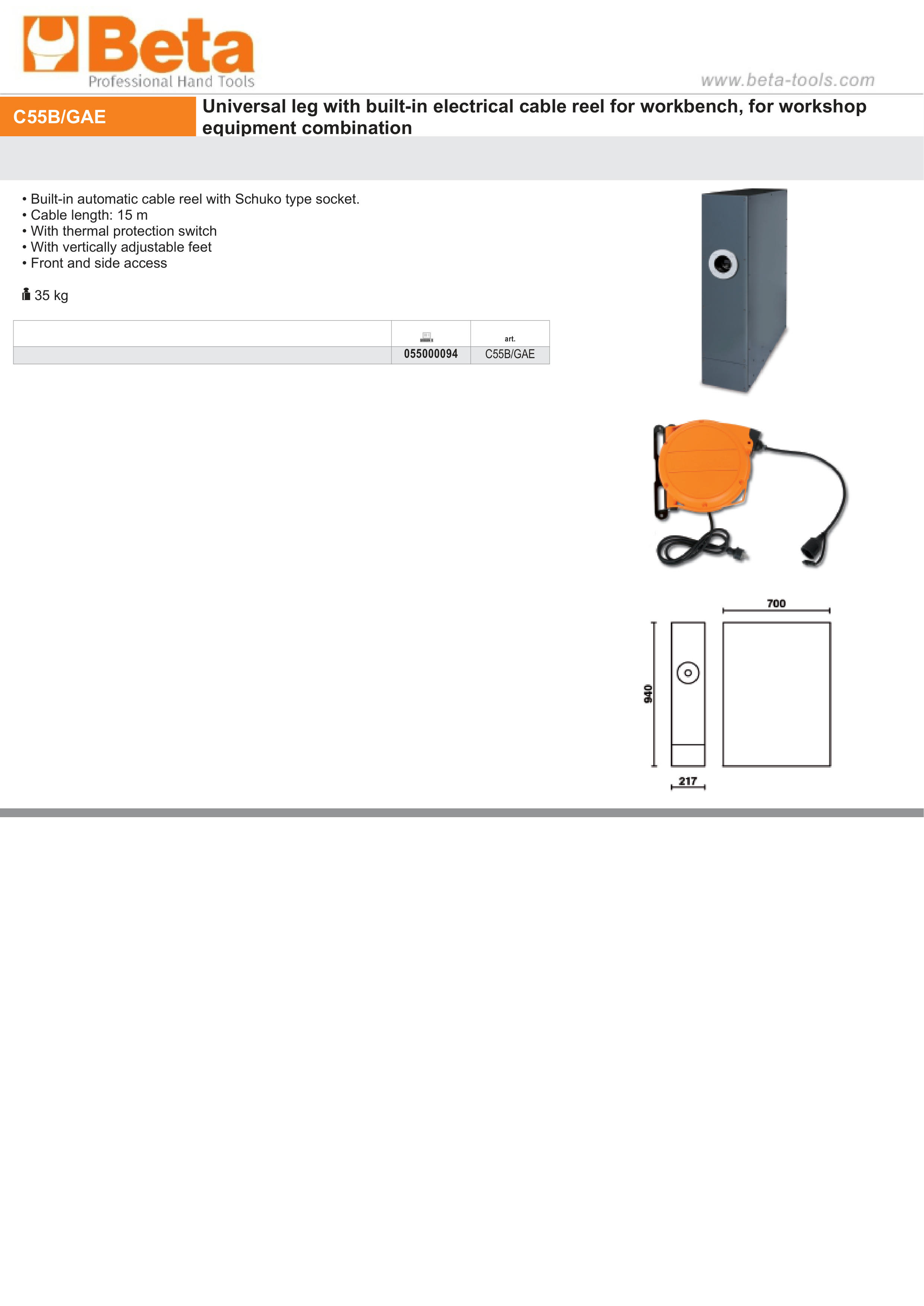 Universal Leg with Built-In 15m Cable Reel, Schuko Socket, Adjustable Feet, Thermal Protection for Workbench - BetaRSC55 C55B/GAE thumbnail 3