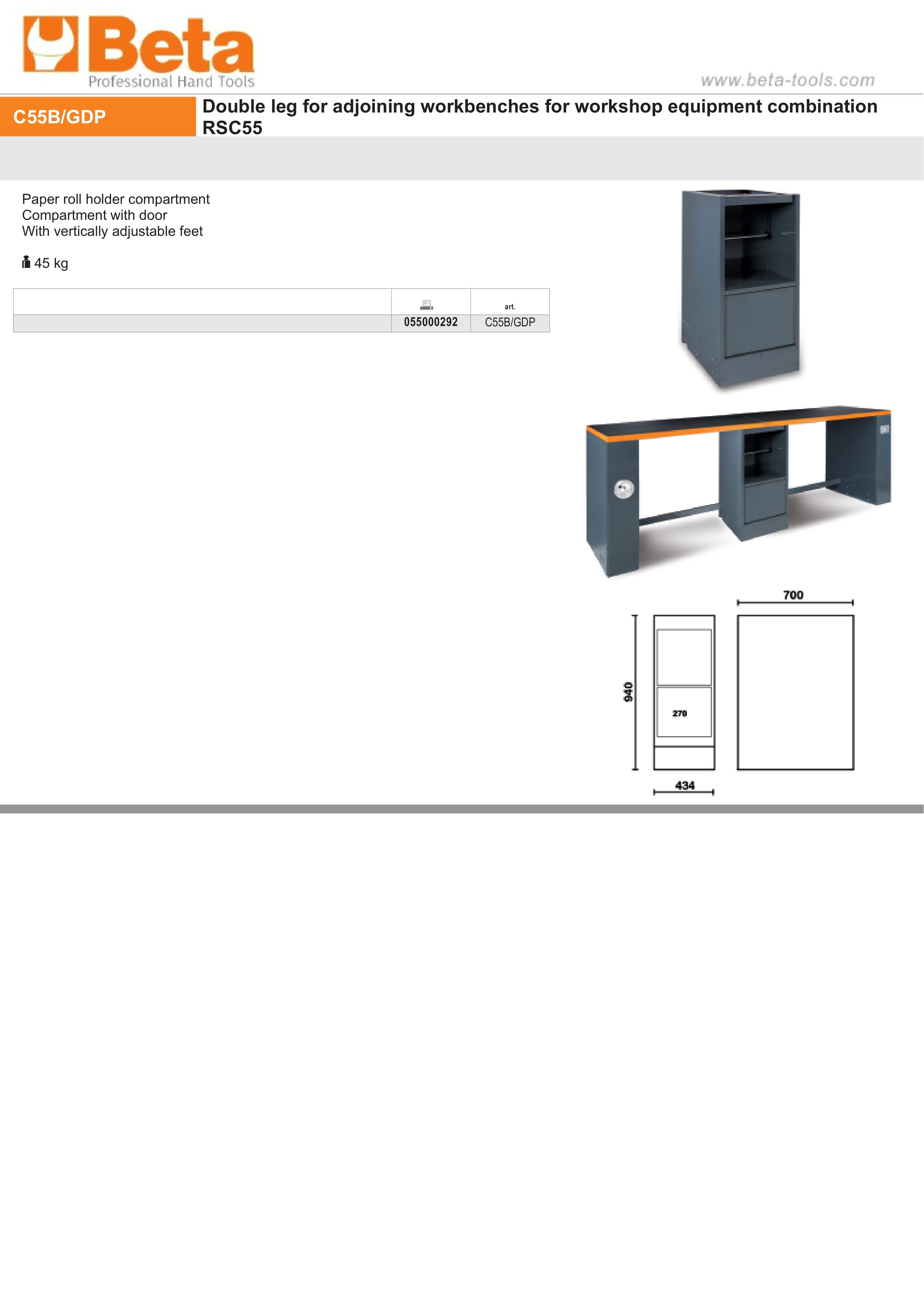 Double Leg with Paper Roll Holder Compartment, Door, Adjustable Feet - BetaRSC55 C55B/GDP thumbnail 3