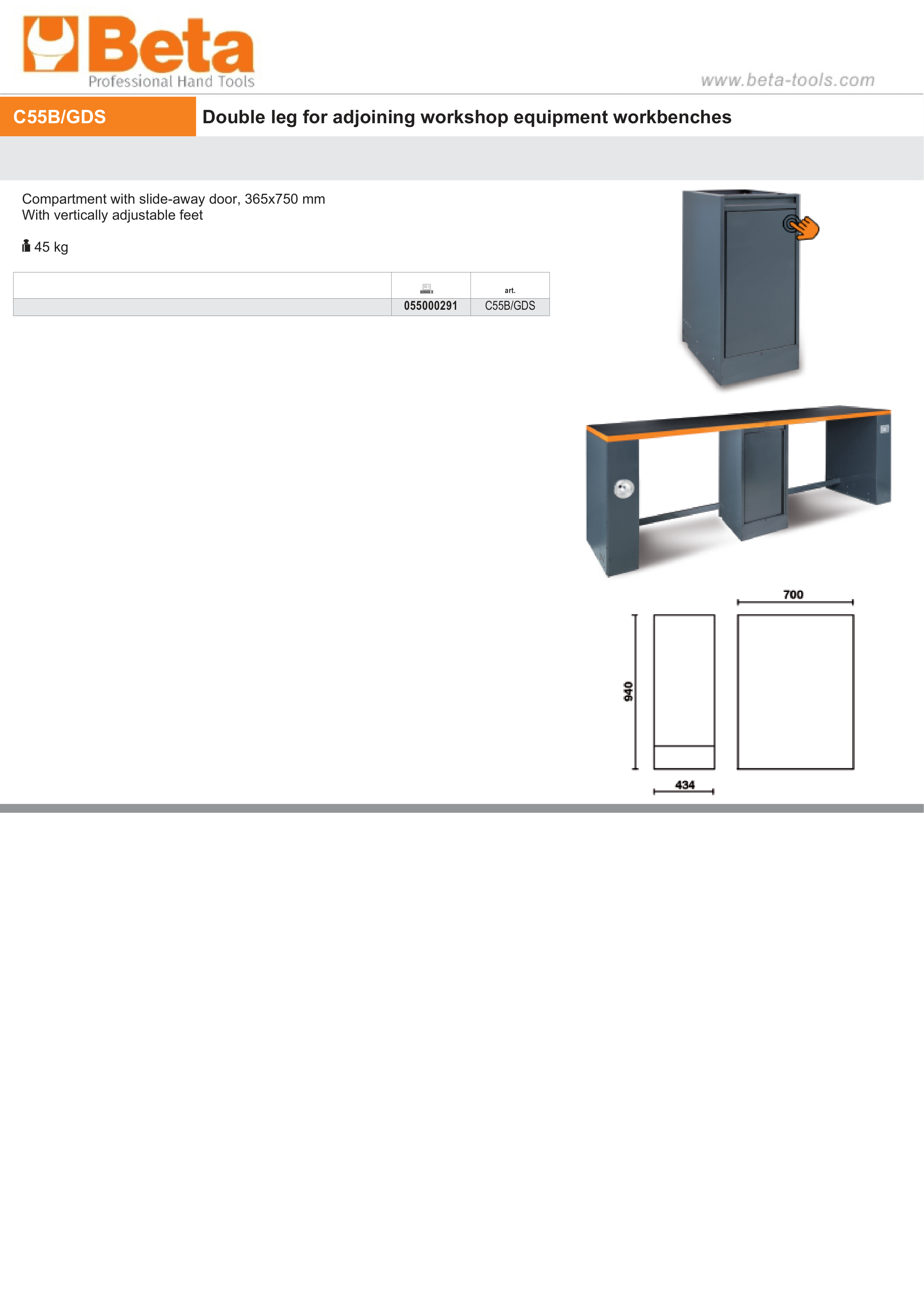 Double Leg with Slide-Away Door Compartment, Adjustable Feet, 365x750mm - BetaRSC55 C55B/GDS thumbnail 4