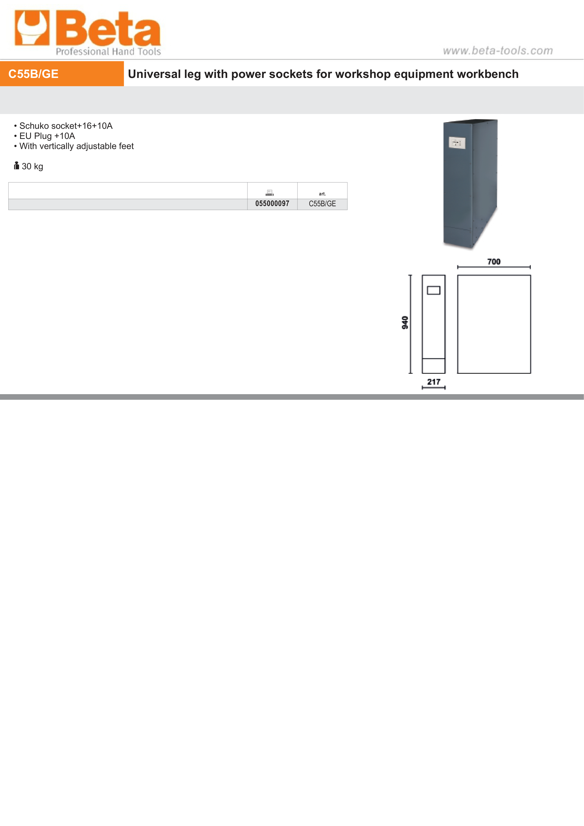 Universal Leg with Power Sockets, Schuko and EU Plug, Adjustable Feet for Workbench - BetaRSC55 C55B/GE thumbnail 3