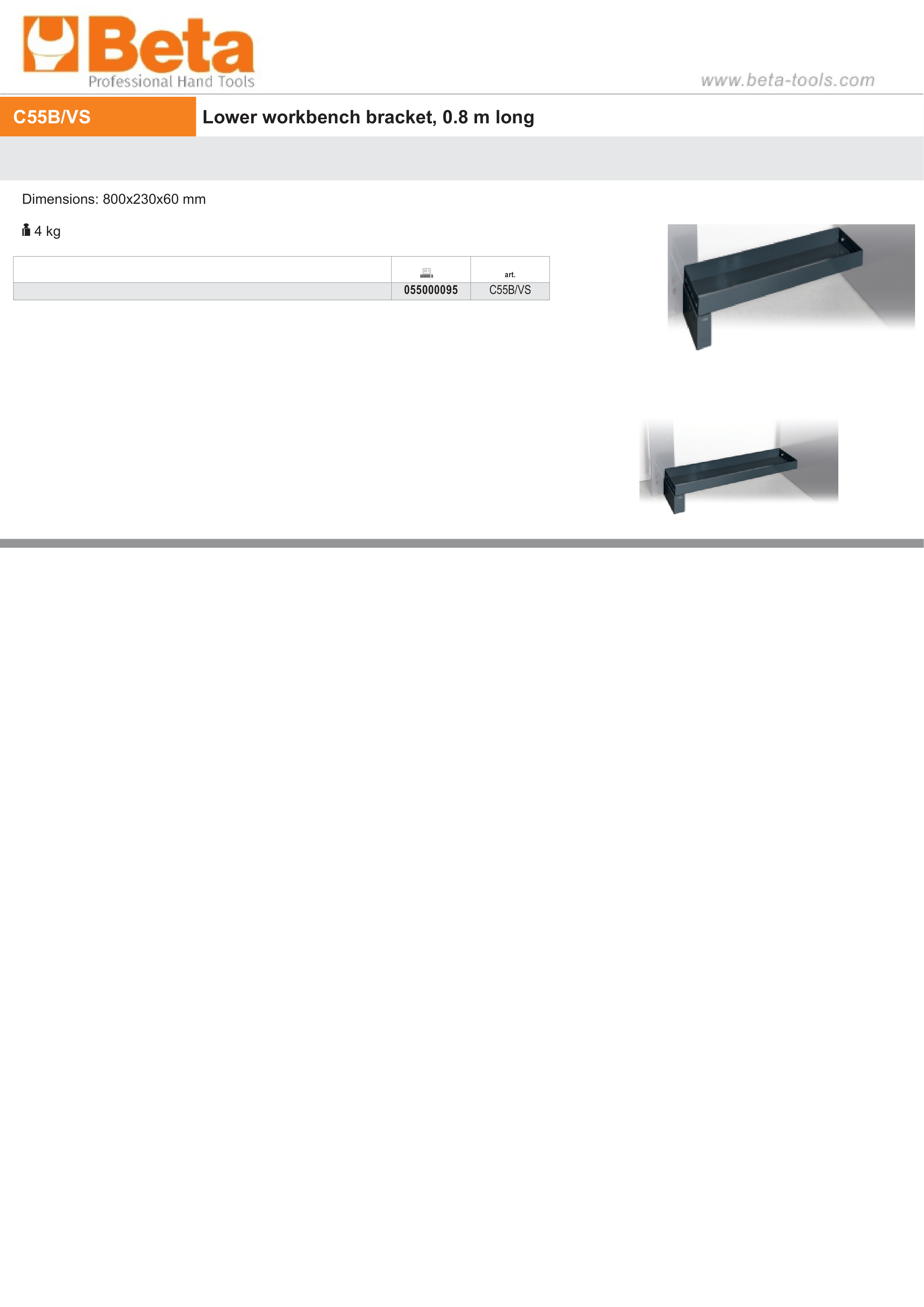Lower Workbench Bracket 0.8m, 800x230x60mm - BetaRSC55 C55B/VS thumbnail 3