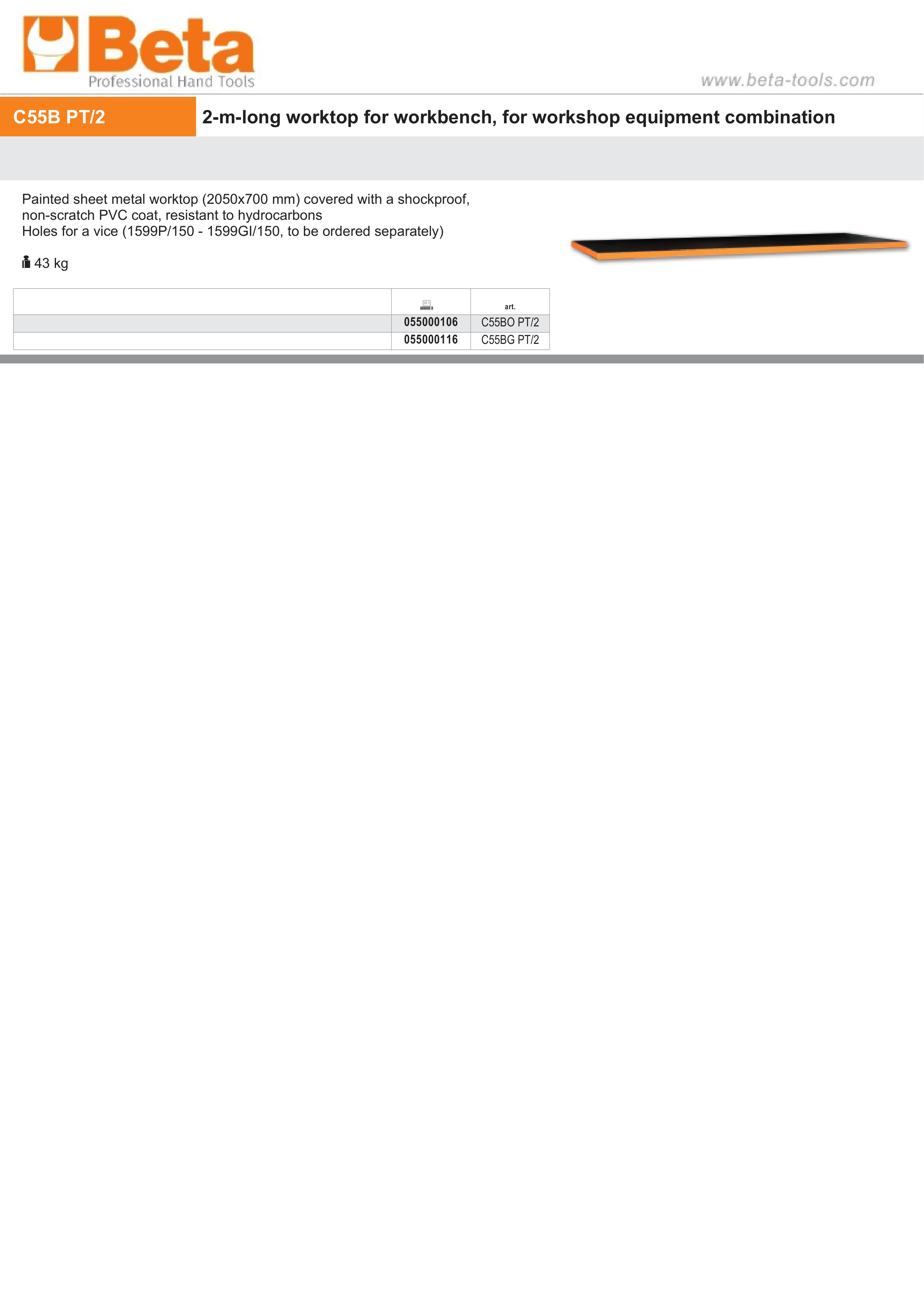 2m Worktop with Shockproof PVC Coating, 2050x700mm, for Workbench - BetaRSC55 C55BO PT/2 thumbnail 2