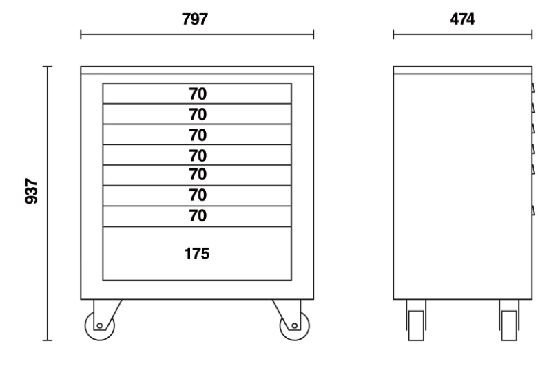 Roller Cabinet Module with 8 Drawers, Ball Bearing Slides, Central Lock, 588x367mm Drawers, 100mm Castors - BetaRSC55 C55C8 thumbnail 2