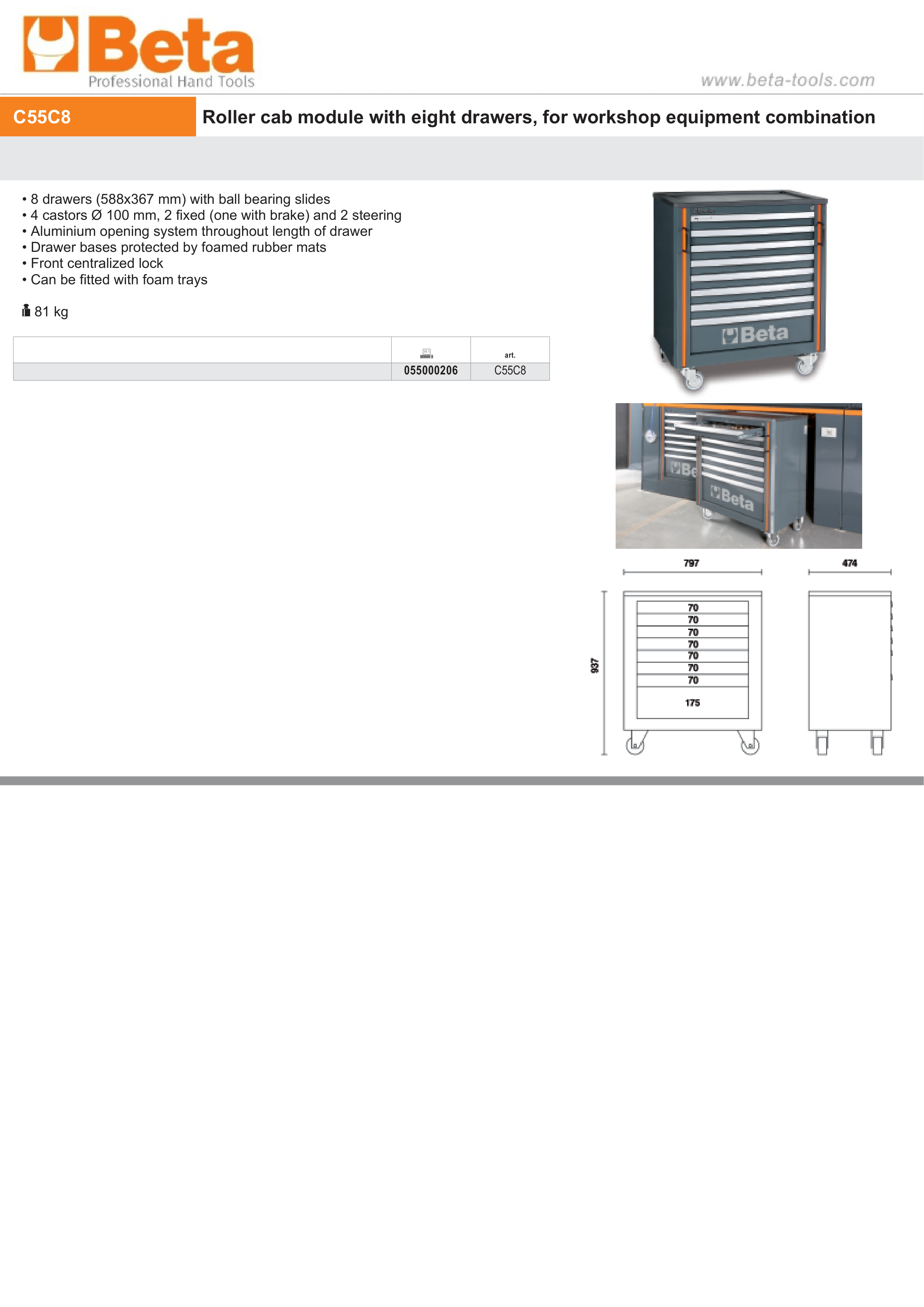 Roller Cabinet Module with 8 Drawers, Ball Bearing Slides, Central Lock, 588x367mm Drawers, 100mm Castors - BetaRSC55 C55C8 thumbnail 4
