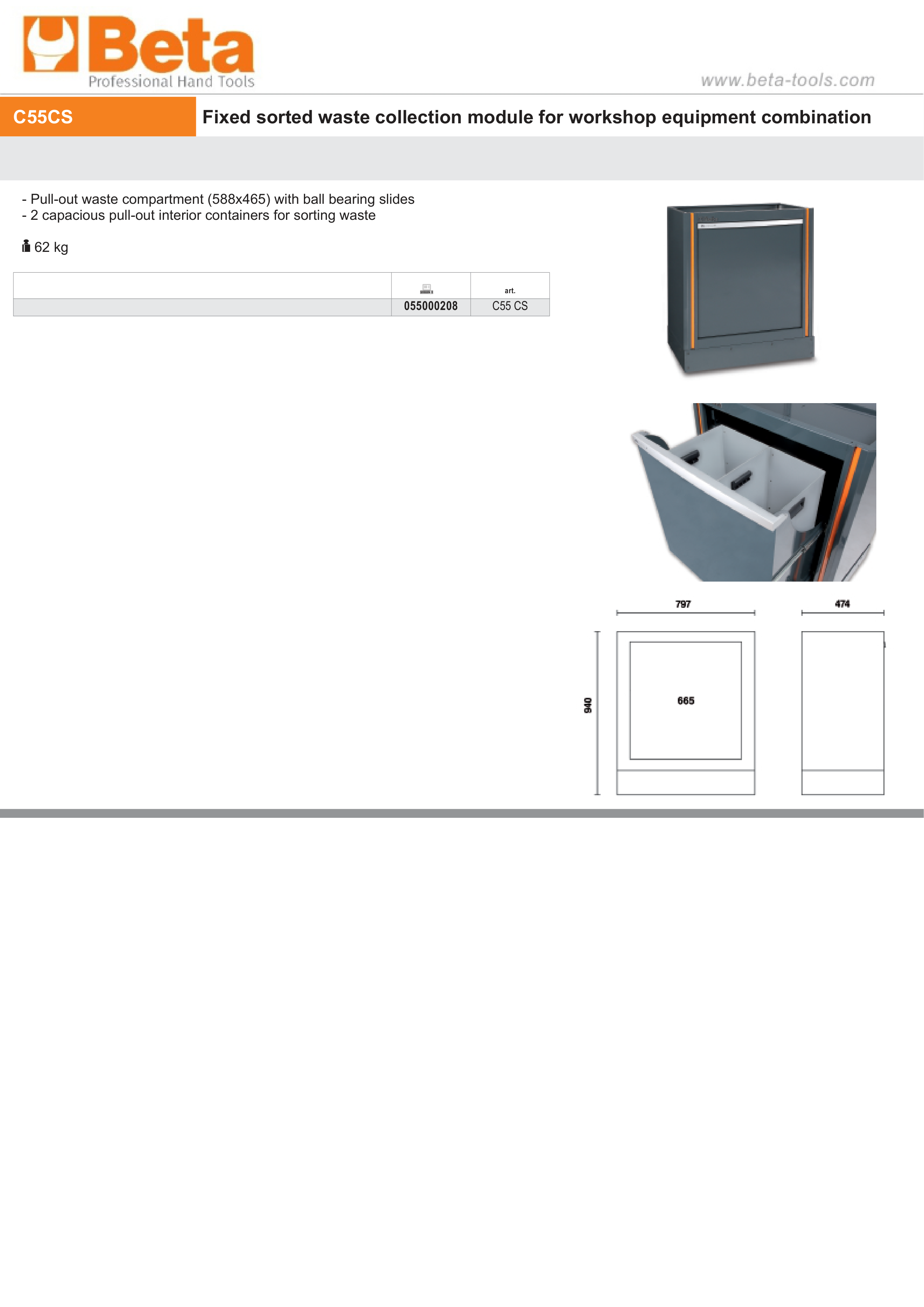 Fixed Sorted Waste Collection Module with Pull-Out Compartment, 588x465mm, Includes 2 Interior Containers - BetaRSC55 C55 CS thumbnail 2