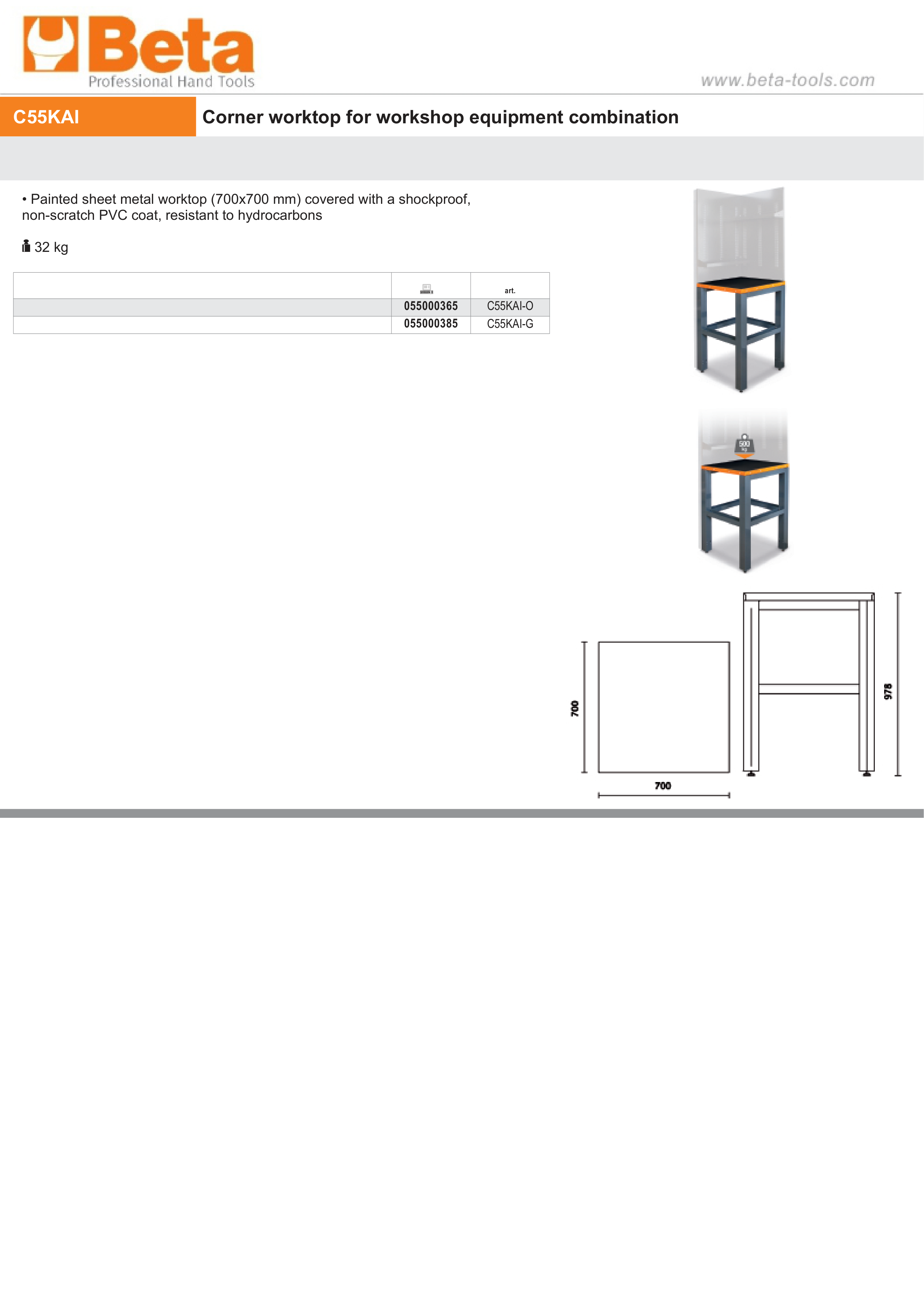 Corner Worktop, 700x700mm, PVC Coated, Hydrocarbon Resistant - BetaRSC55 C55KAI-G thumbnail 2